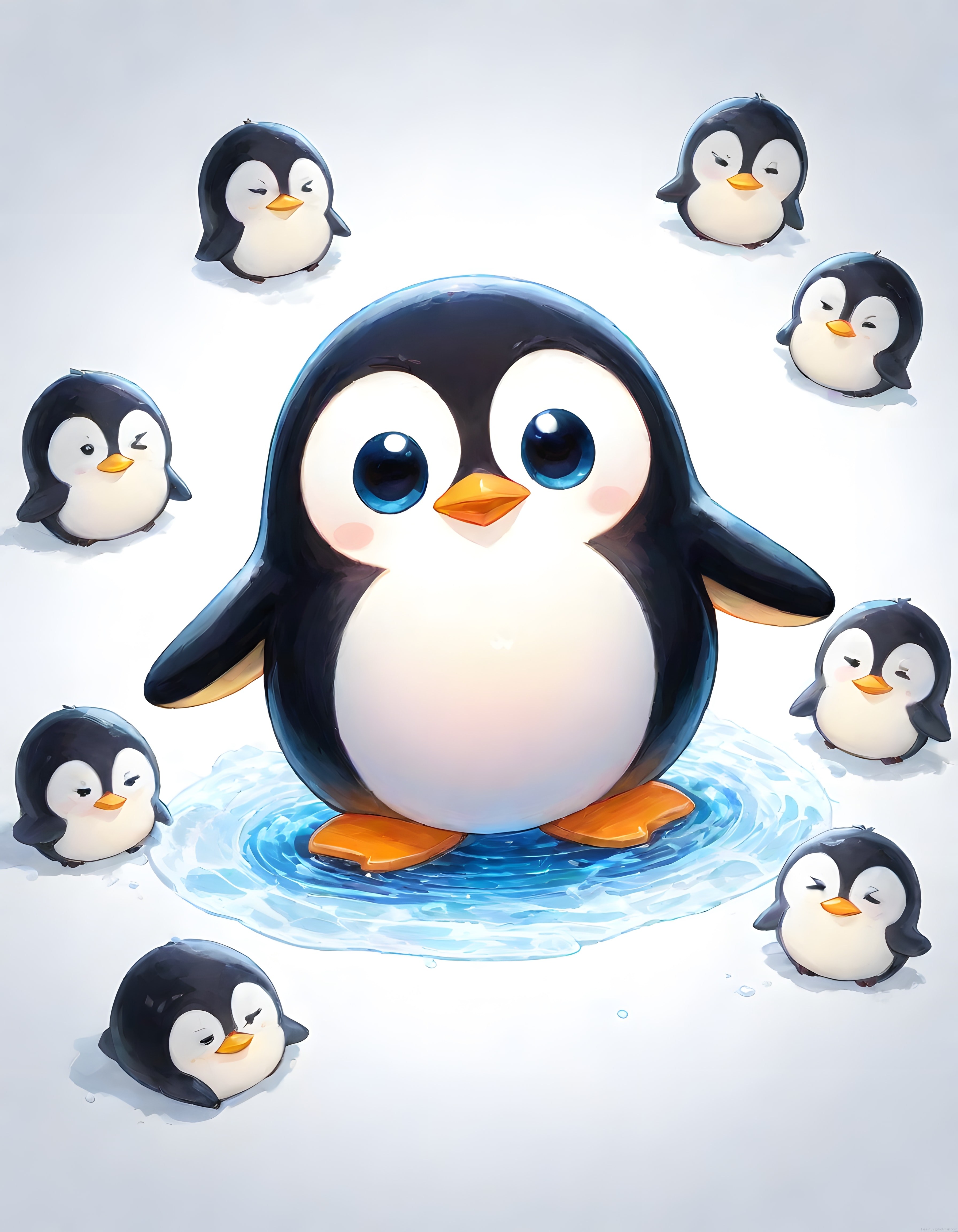 Karikatür Tarzında Sevimli Penguen Ailesi ve Buzul Üzerindeki Yavruları