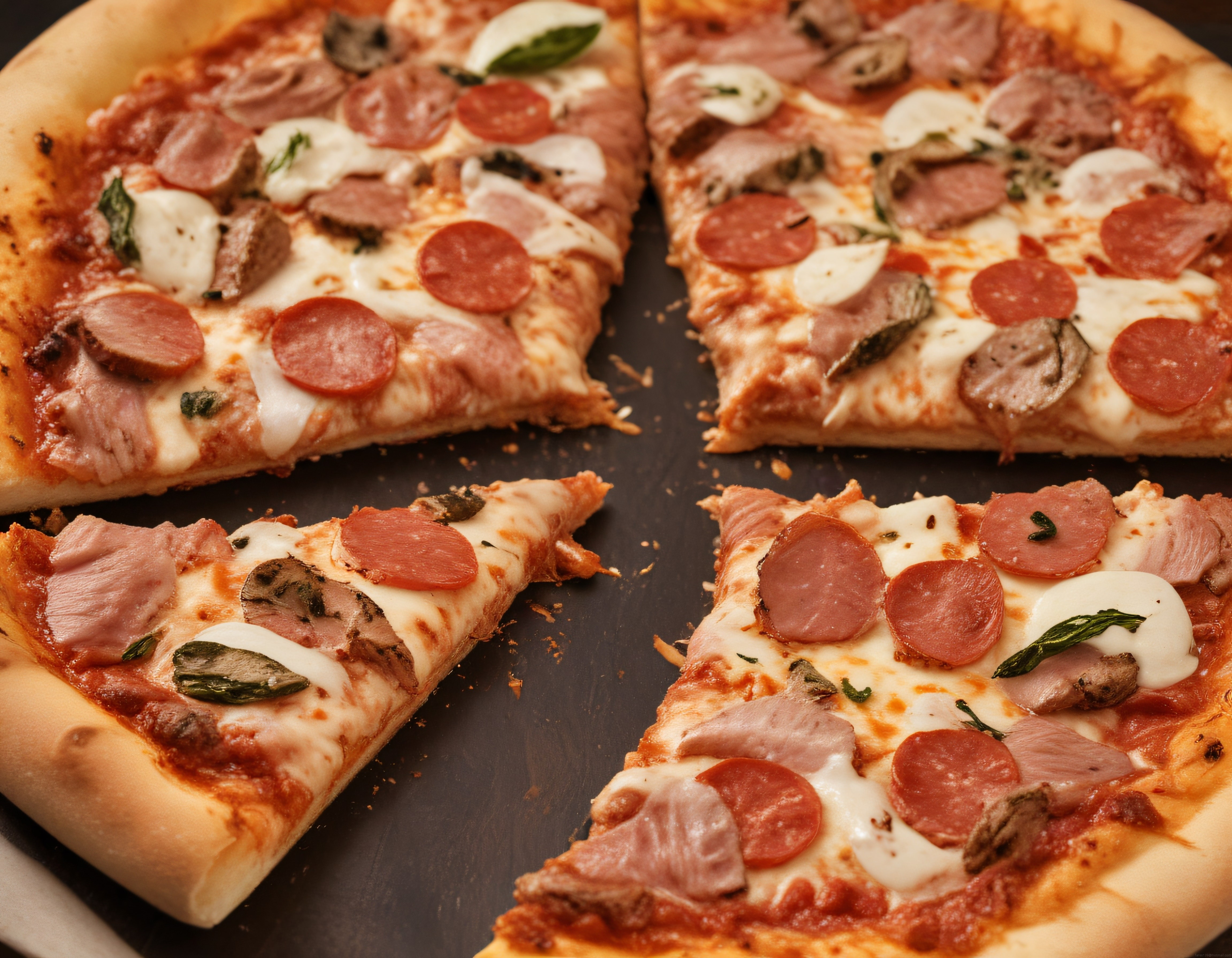 Karışık Malzemeli İtalyan Pizza Dilimleri: Sucuk, Jambon ve Mantar Detayı