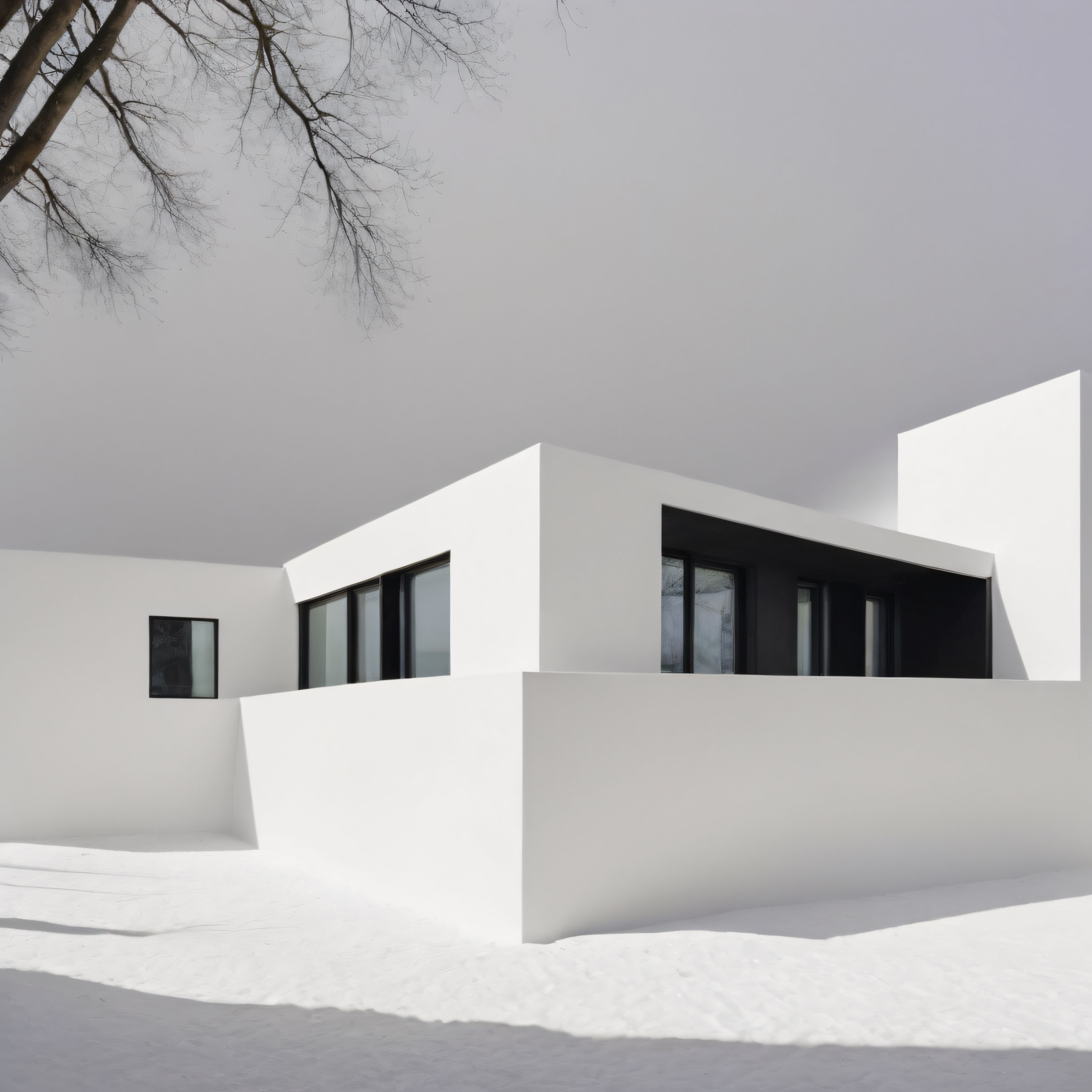 Karla Çevrili Beyaz Minimalist Villa ve Çağdaş Geometrik Mimari