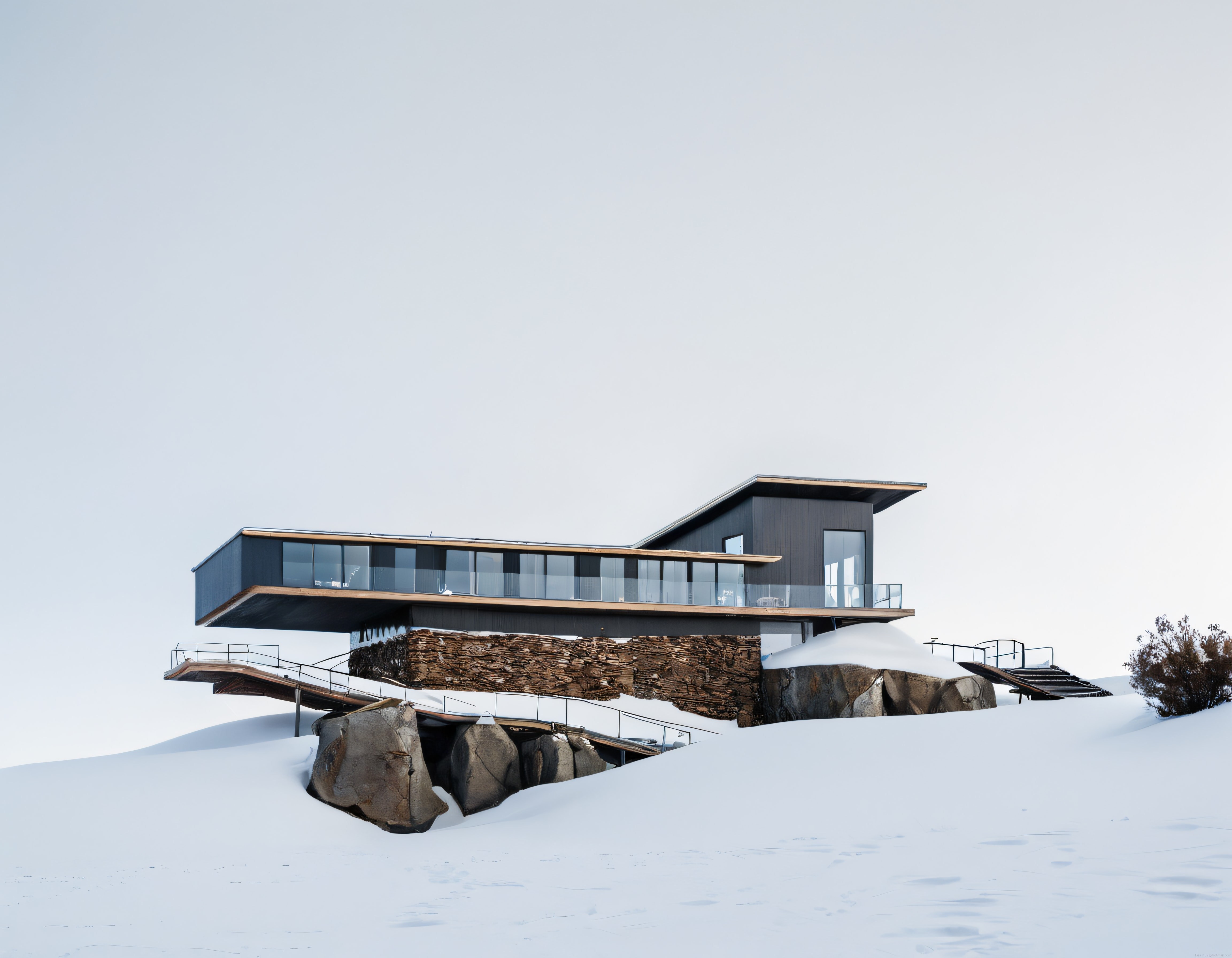 Karla Kaplı Arazide Cam ve Taş Detaylı Modern Minimalist Mimari Yapı