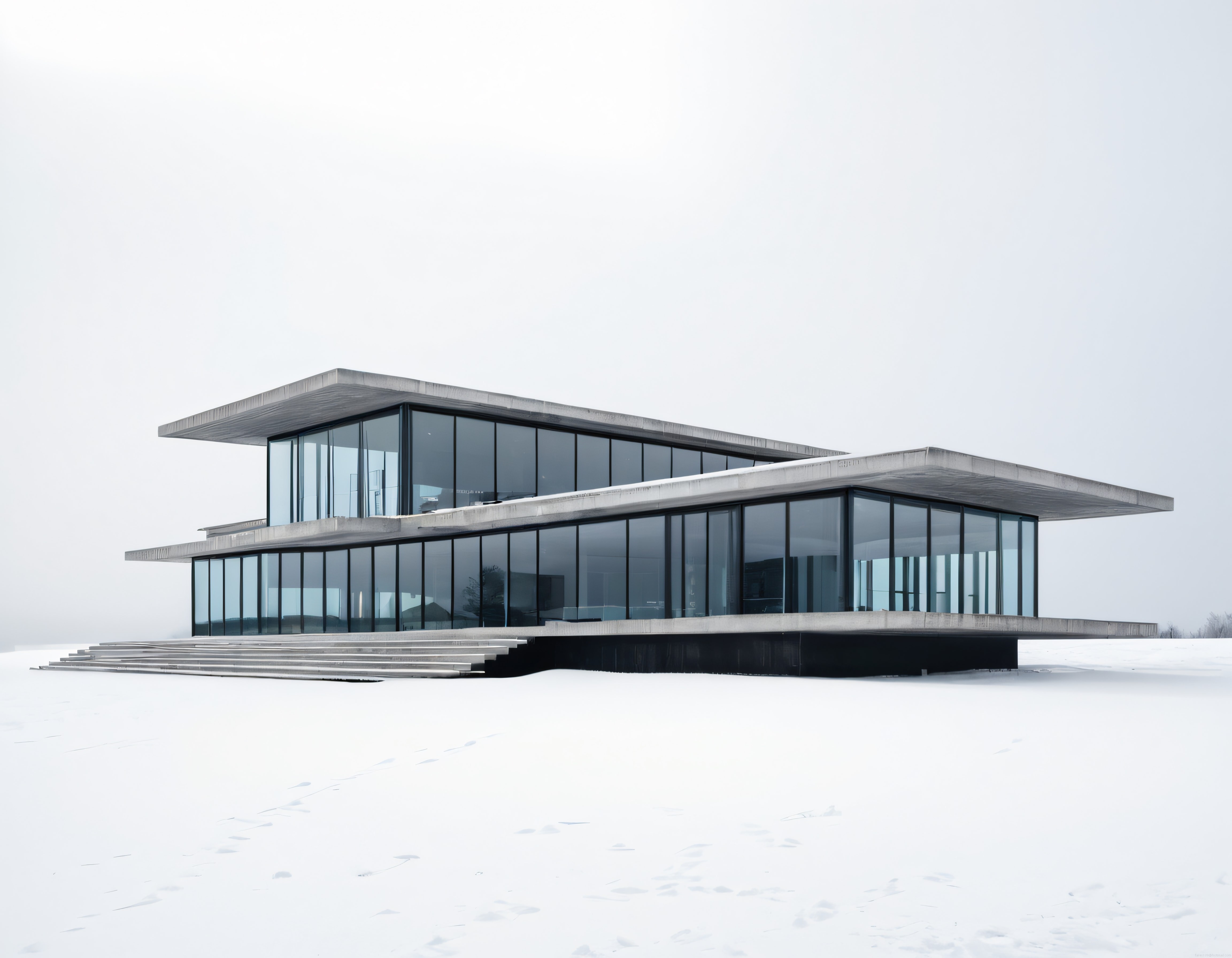 karla kaplı arazide modern mimari: geniş cam cepheli minimalist beton yapı