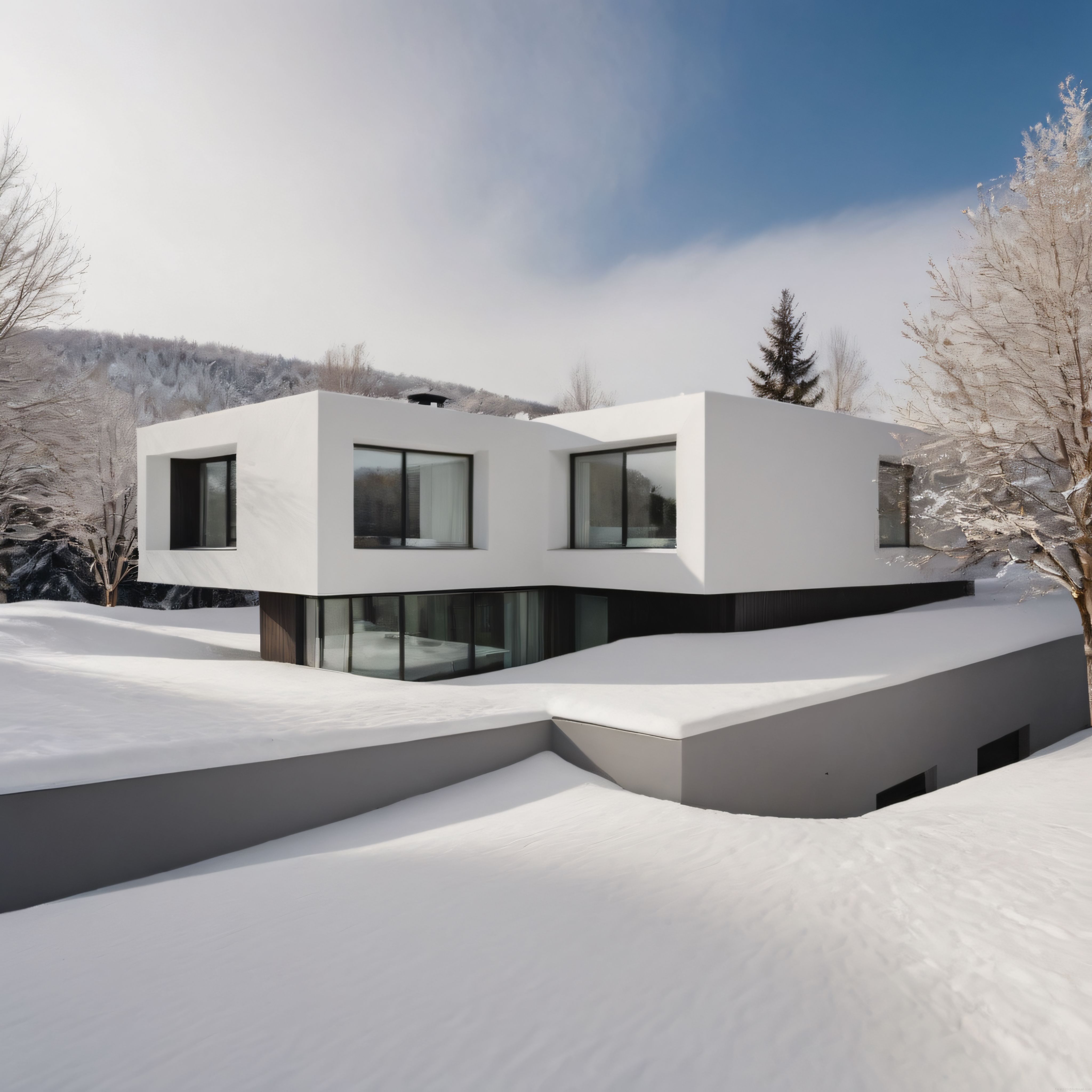Karla Kaplı Arazideki Beyaz Minimalist Modern Villa ve Kış Manzarası