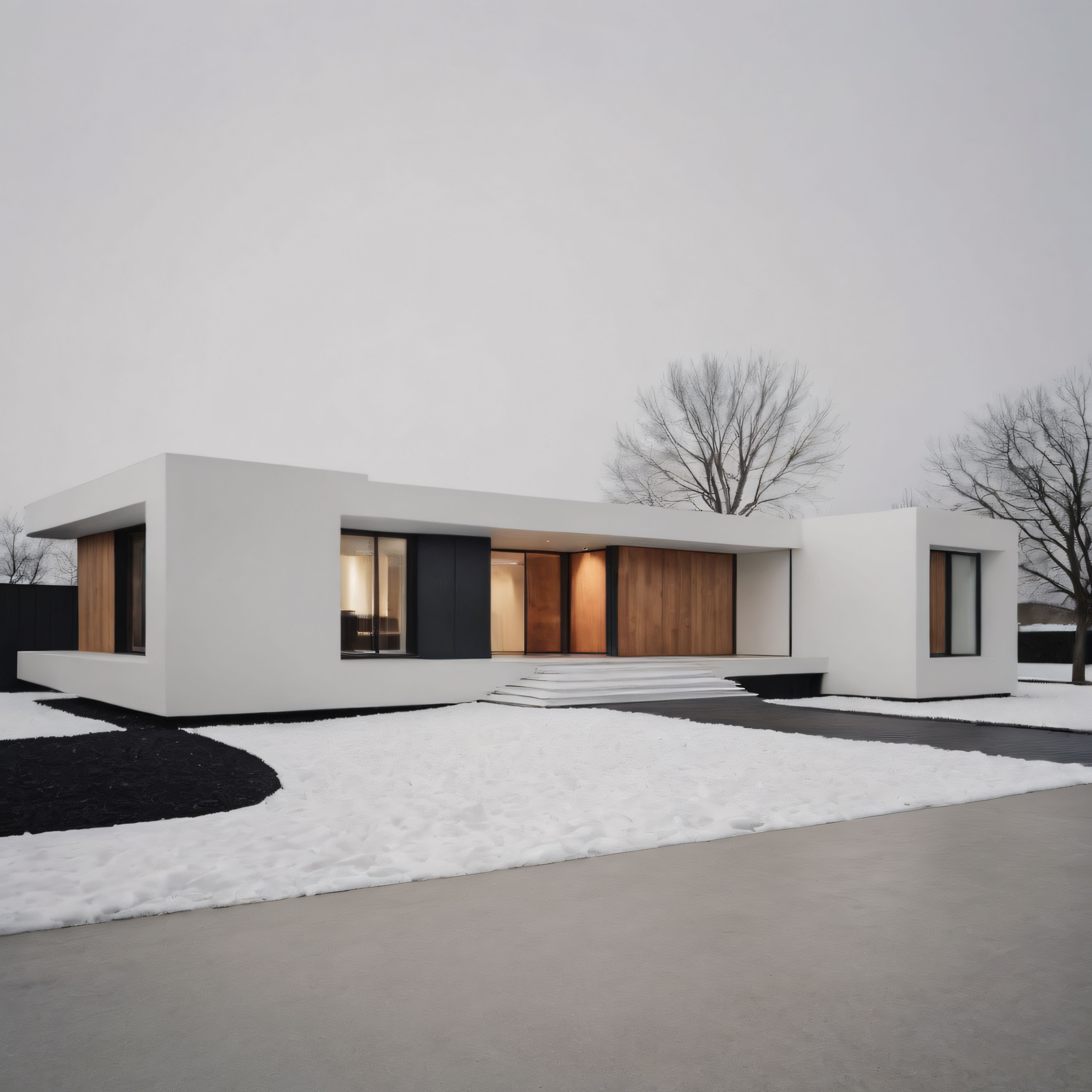 Karla kaplı bahçede modern minimalist mimari tasarıma sahip lüks villa