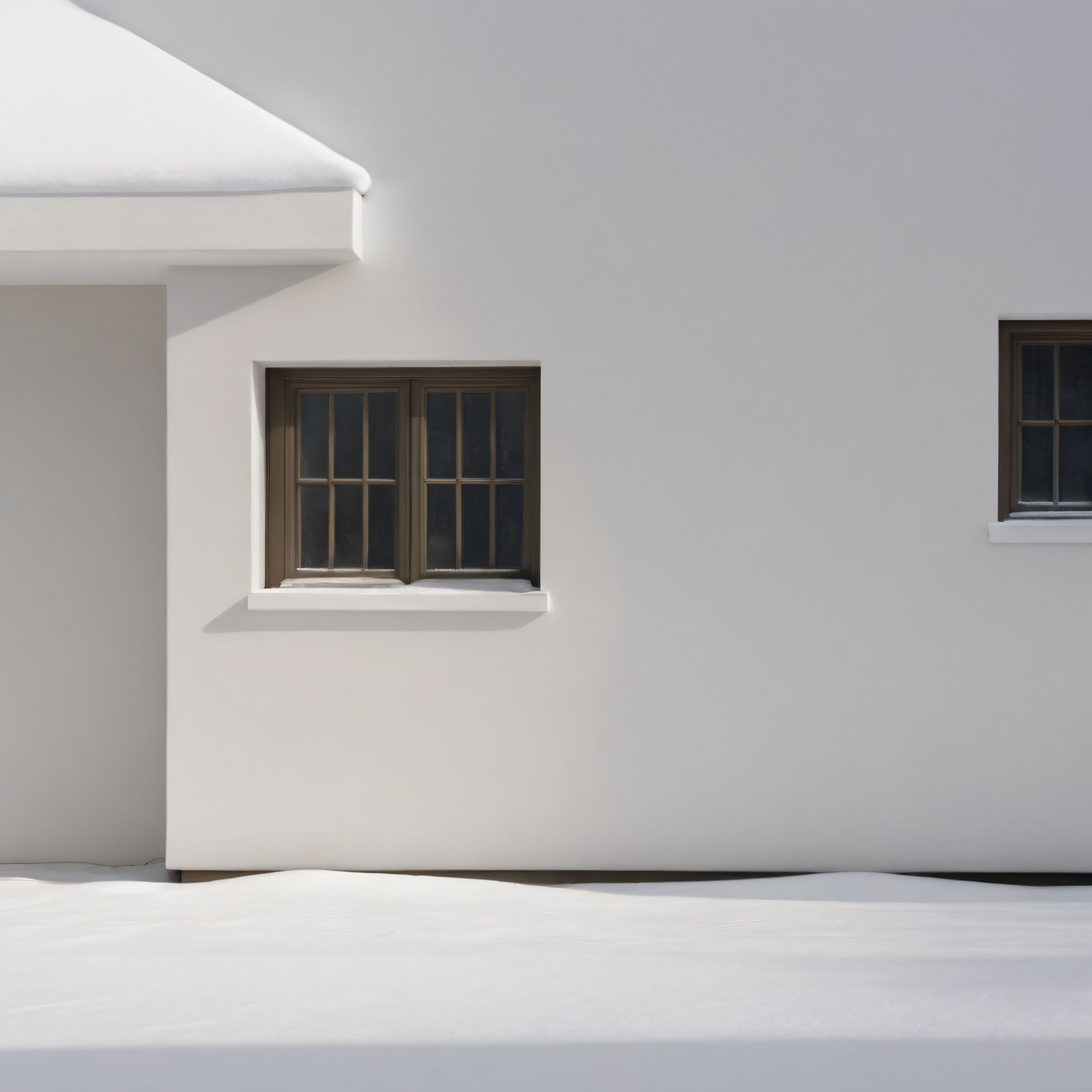 Karla Kaplı Beyaz Evin Minimalist Kış Atmosferi ve Ahşap Pencereleri