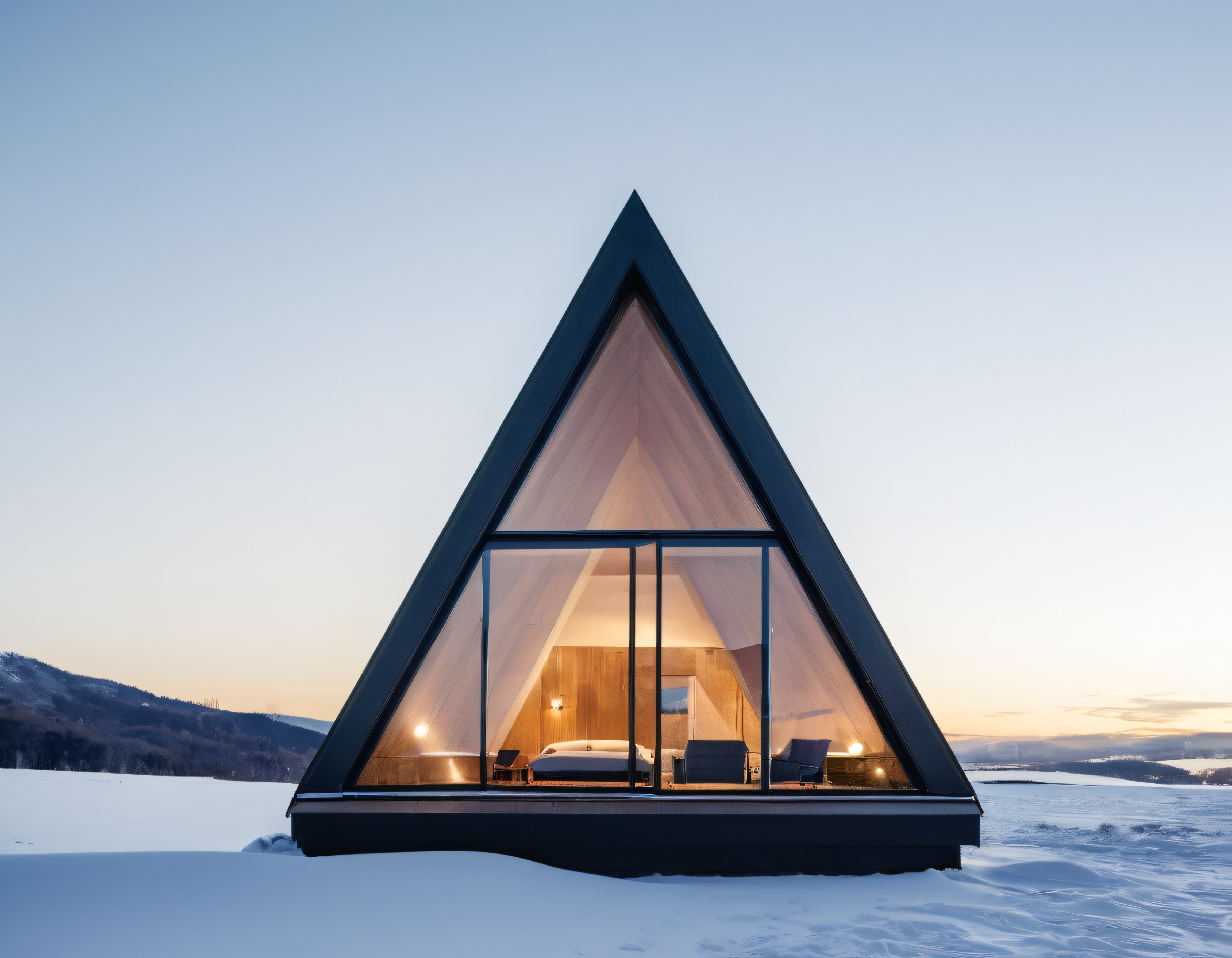 Karla Kaplı Doğada Modern A-Frame Kulübe ve Huzurlu Gün Batımı Manzarası