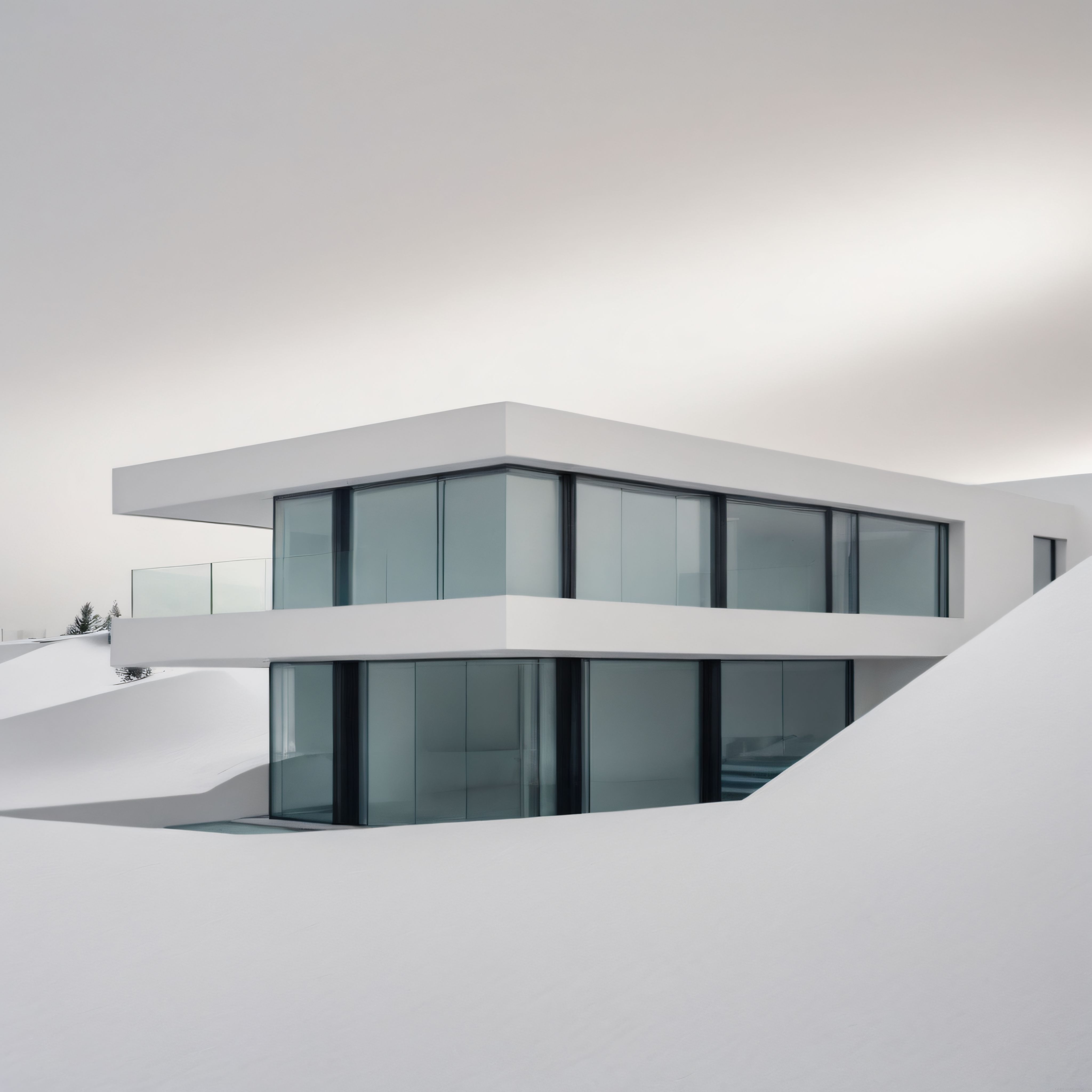 Karla Kaplı Eğimli Arazide Modern Beyaz Villa ve Geniş Cam Pencereler Karla Kaplı Eğimli Arazide Modern Beyaz Villa ve Geniş Cam Pencereler
