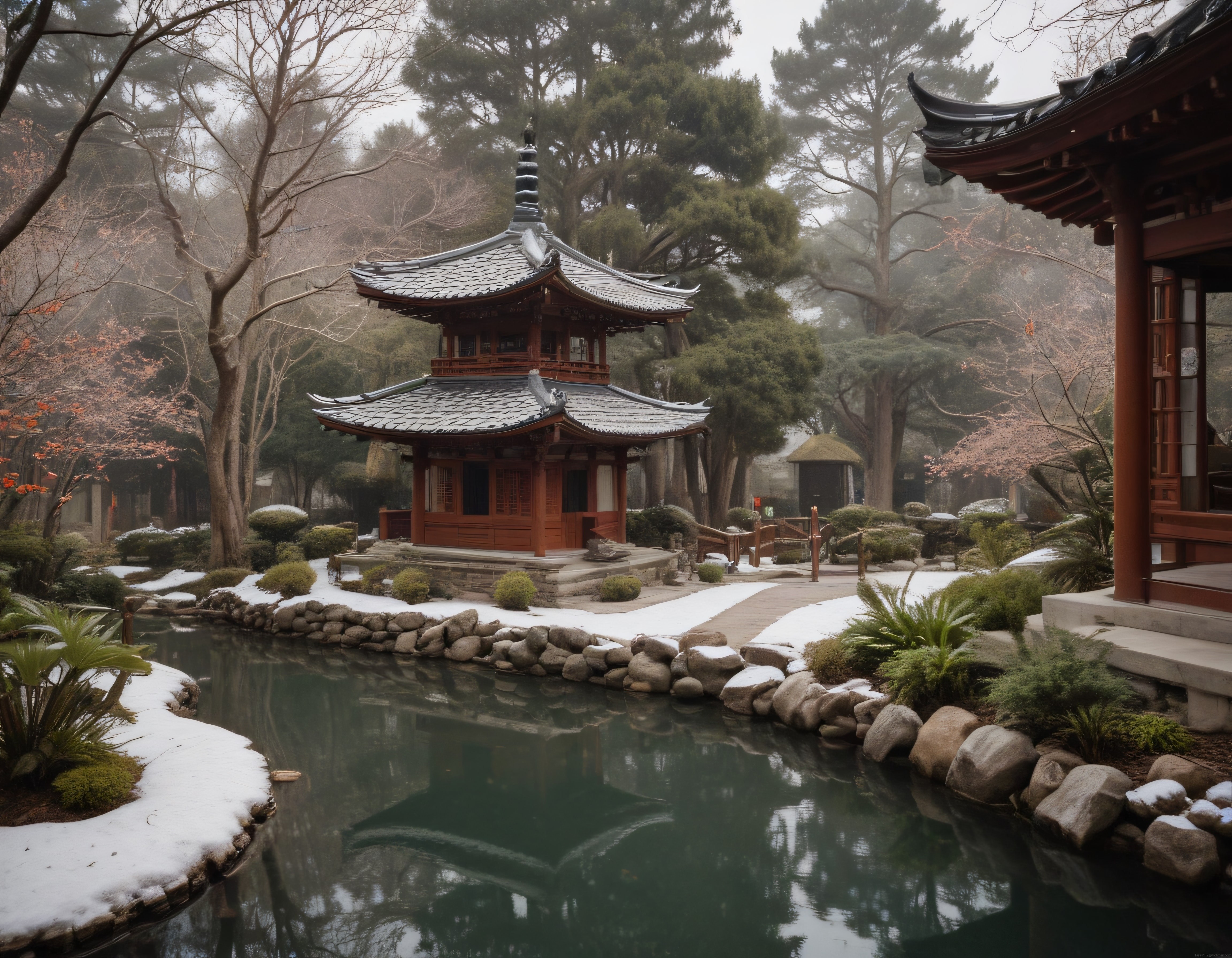 Karla Kaplı Geleneksel Japon Bahçesinde Sisli Kış Manzarası ve Pagoda