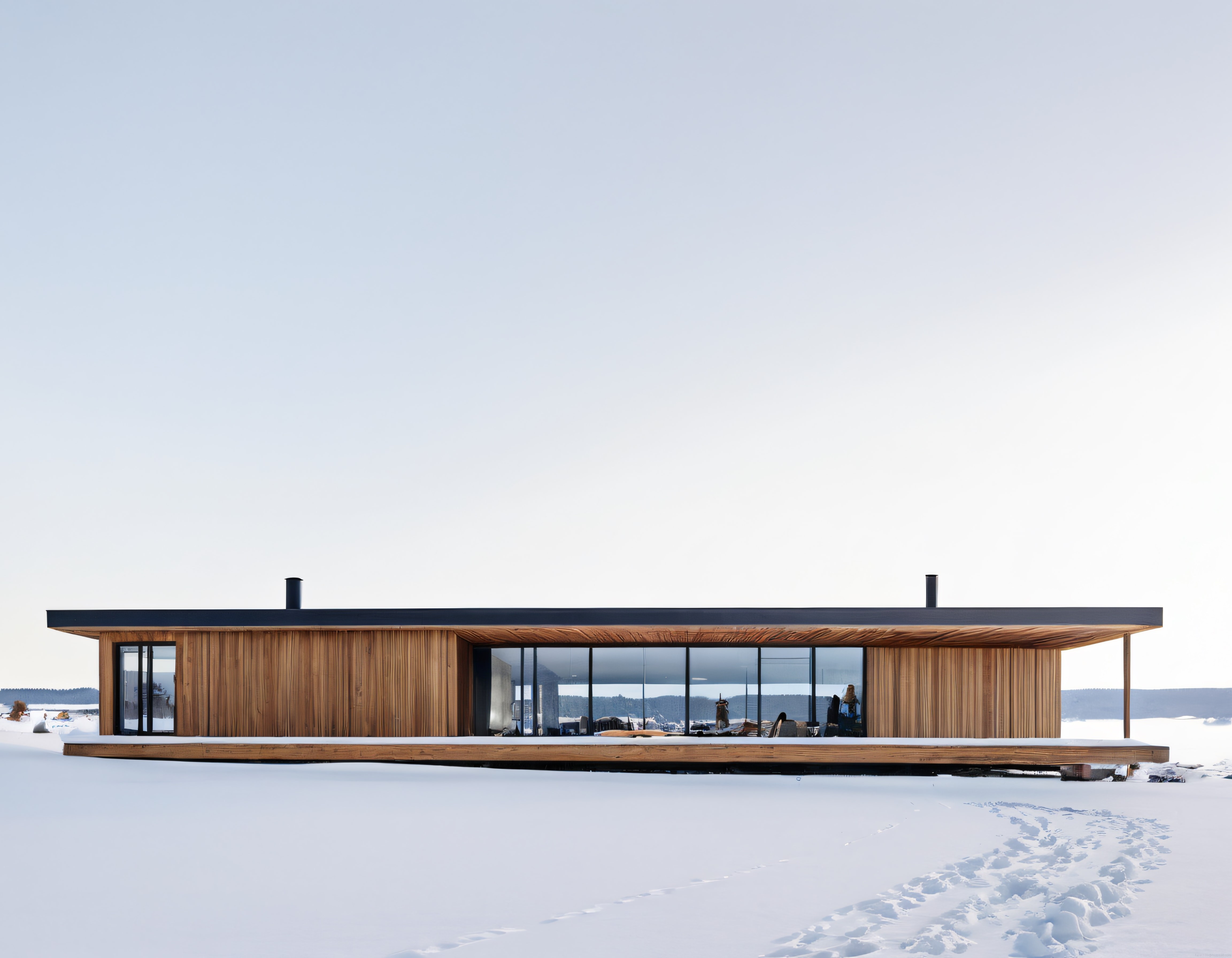 Karla kaplı geniş düzlükte modern ahşap cepheli minimalist villa ve cam duvarlar