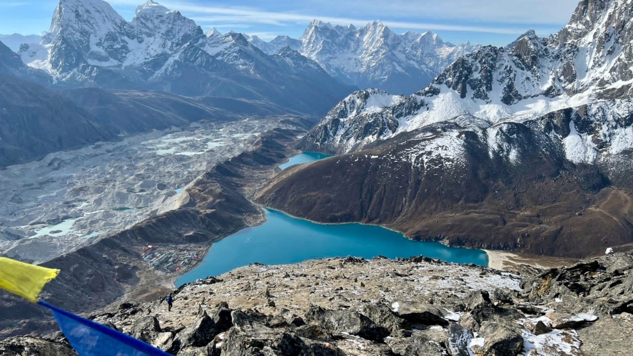 Karla Kaplı Himalaya Dağlarının Arasındaki Turkuaz Göl ve Eşsiz Vadi Manzarası