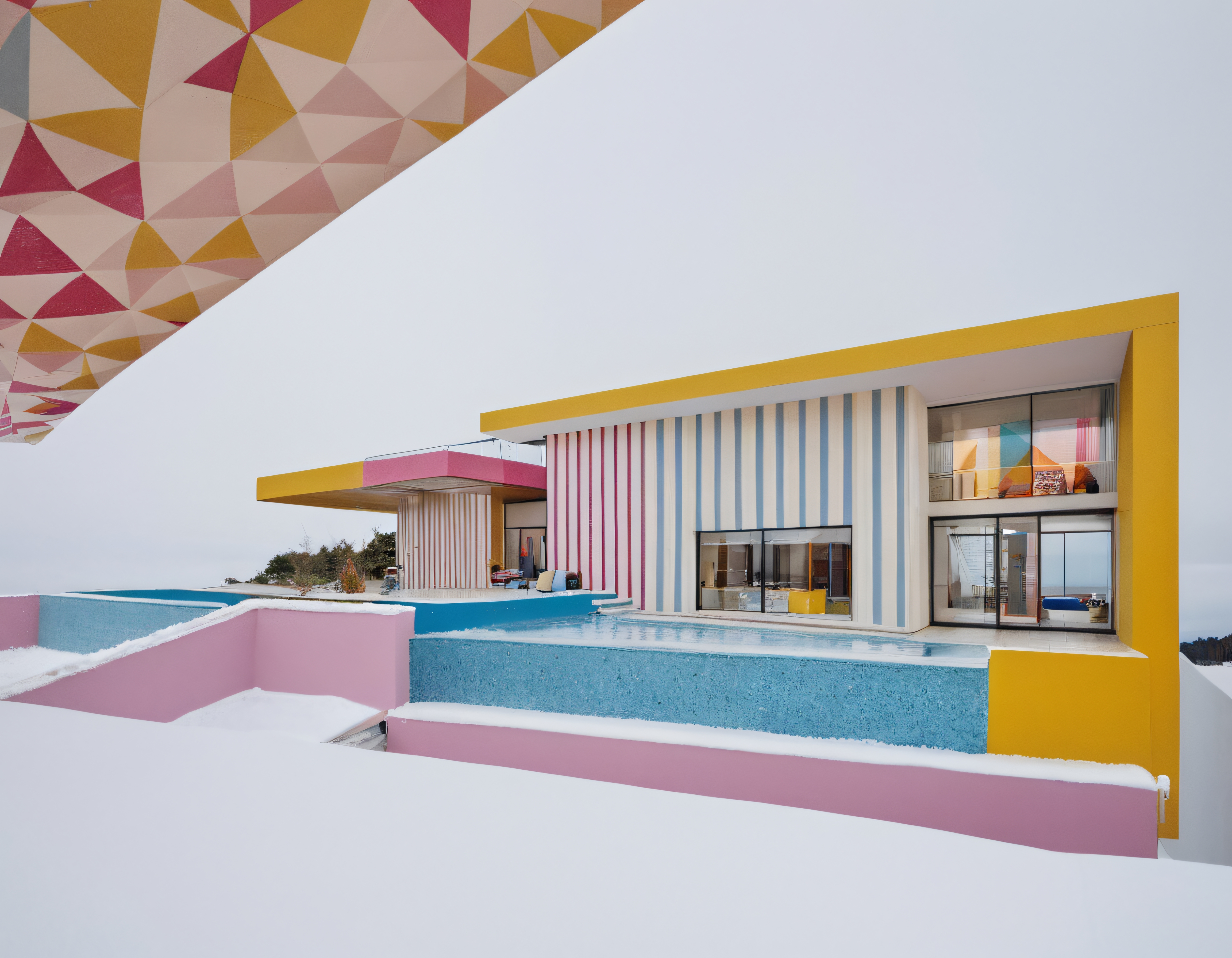 Karla Kaplı Modern Yapıda Cüretkar Renkler ve Geometrik Havuz Tasarımı