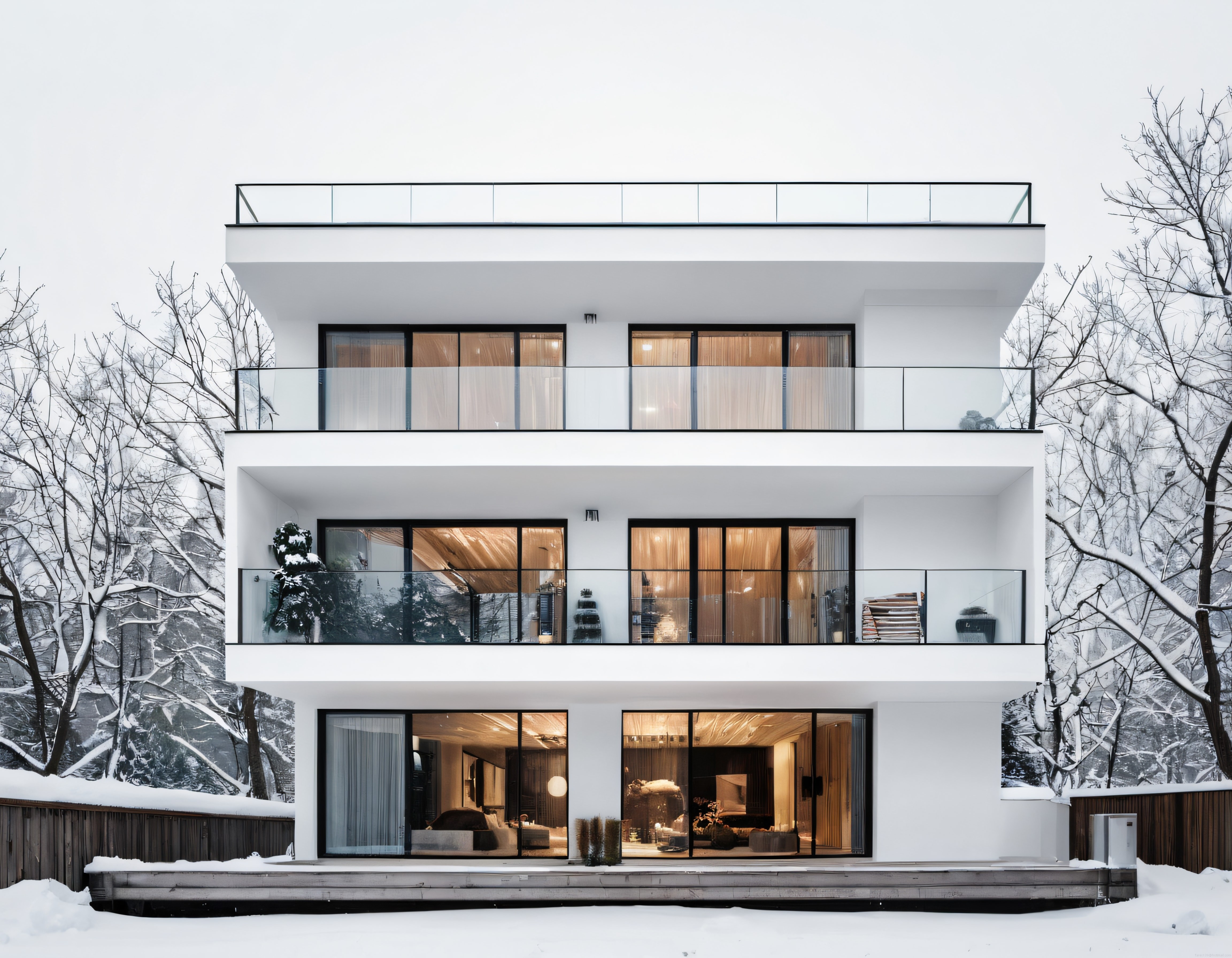 Karla Kaplı Ormanda Sıcacık Işıklı Modern Minimalist Villa Tasarımı