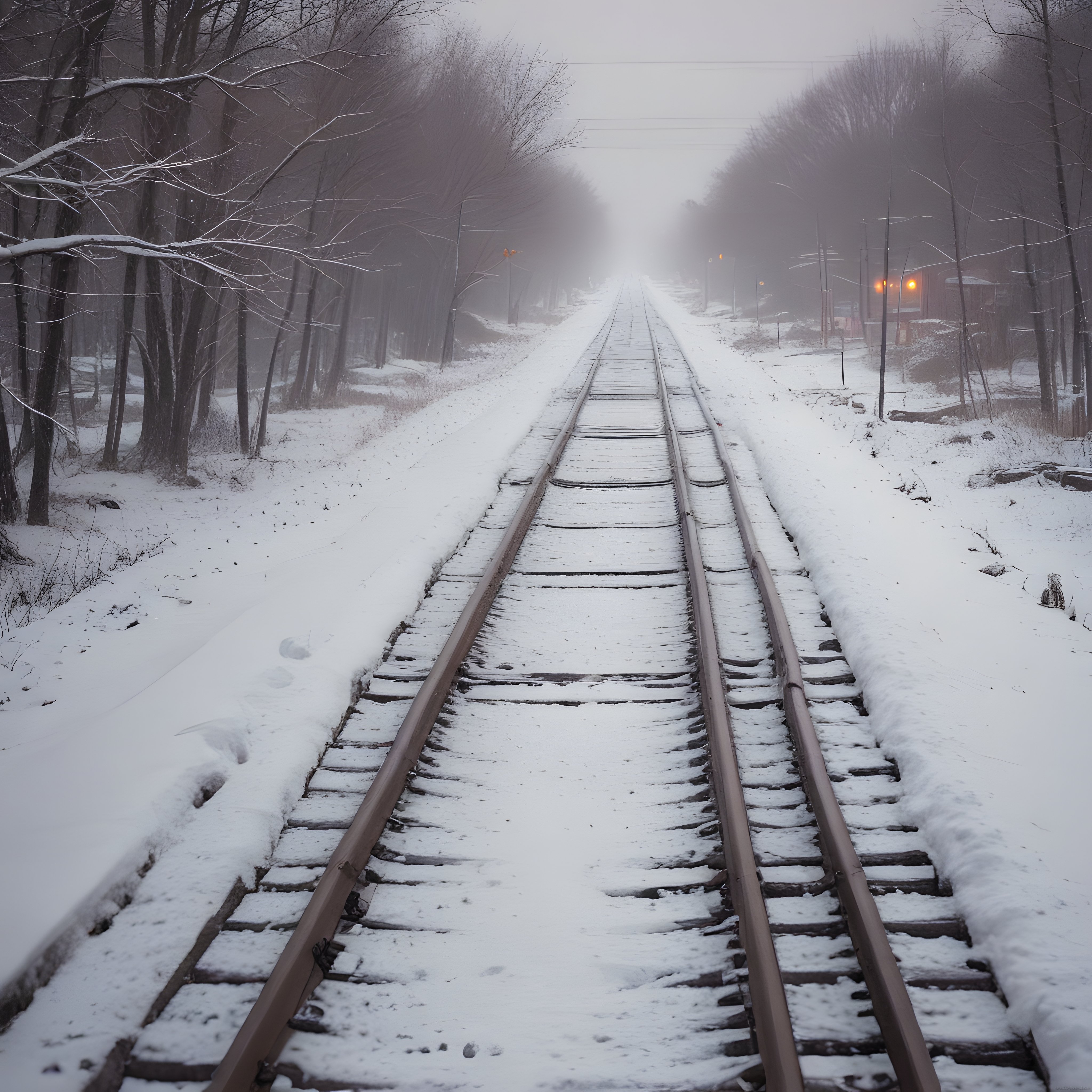 Karla Kaplı Tren Yolu Raylarının Sisli Ormanda Sonsuza Uzayan Huzurlu Manzarası