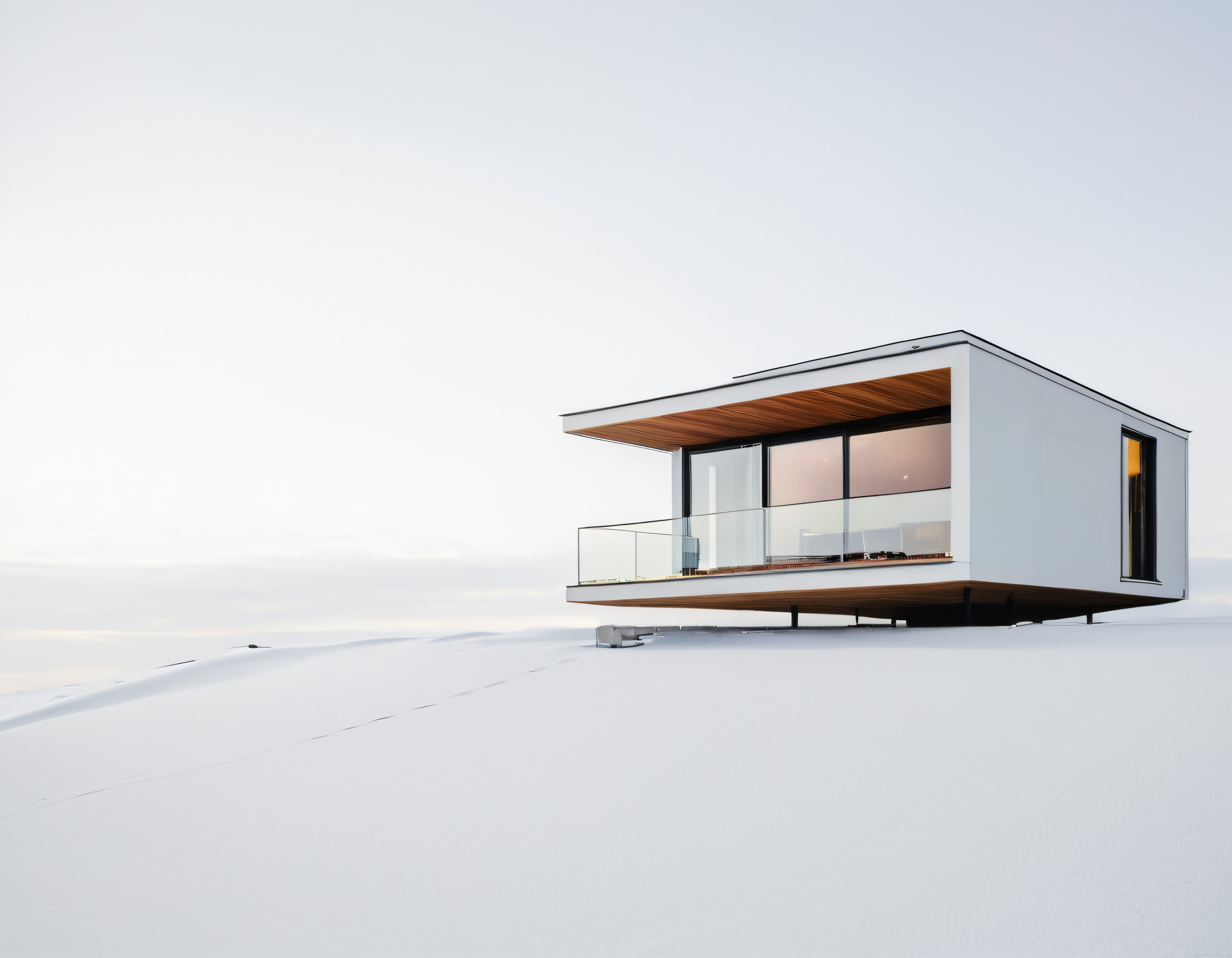 Karla kaplı yalın doğada cam teraslı ahşap detaylı modern minimalist ev