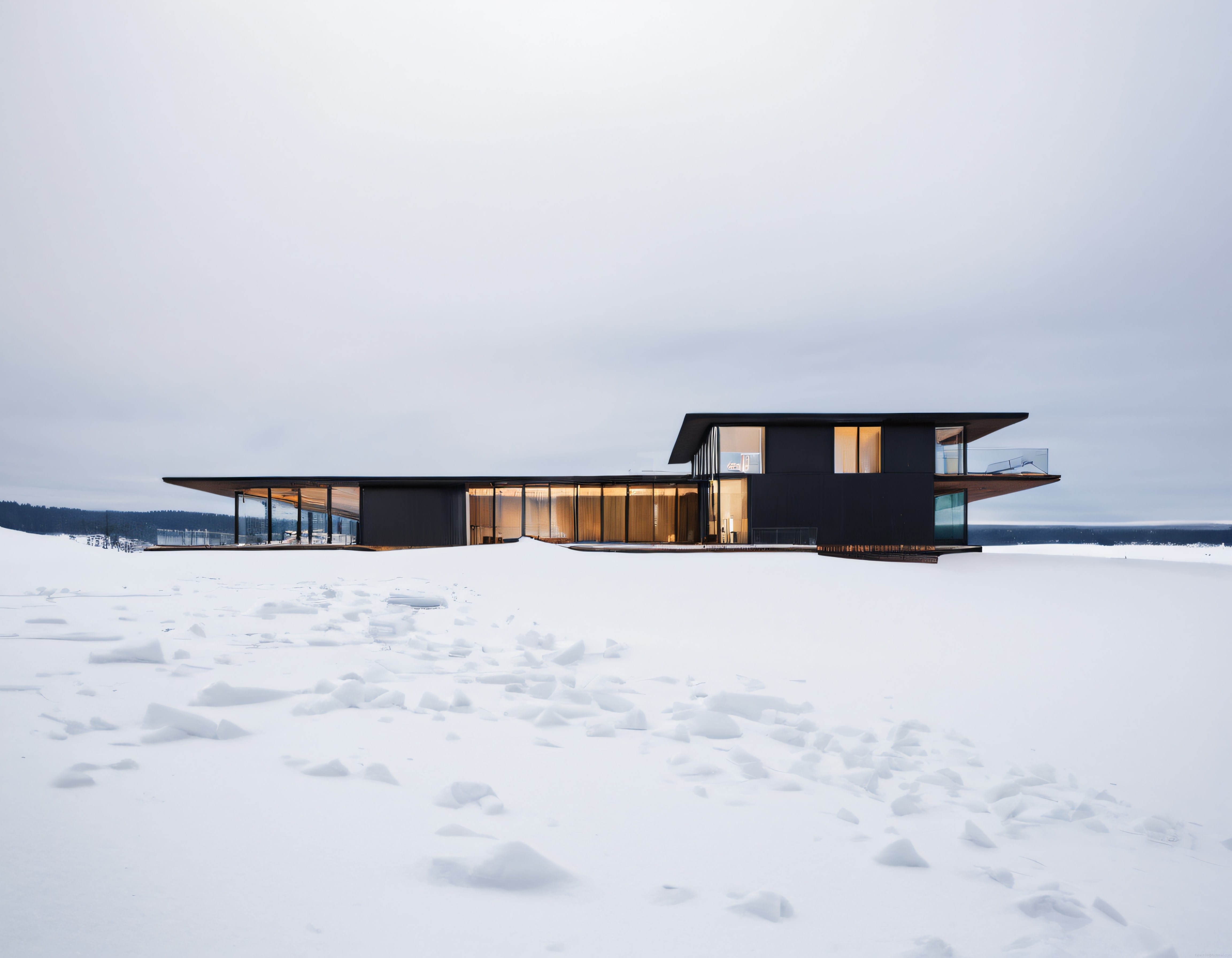 Karla Örtülü Kırsalda Göl Manzaralı Sıcak Işıklı Modern Minimalist Villa