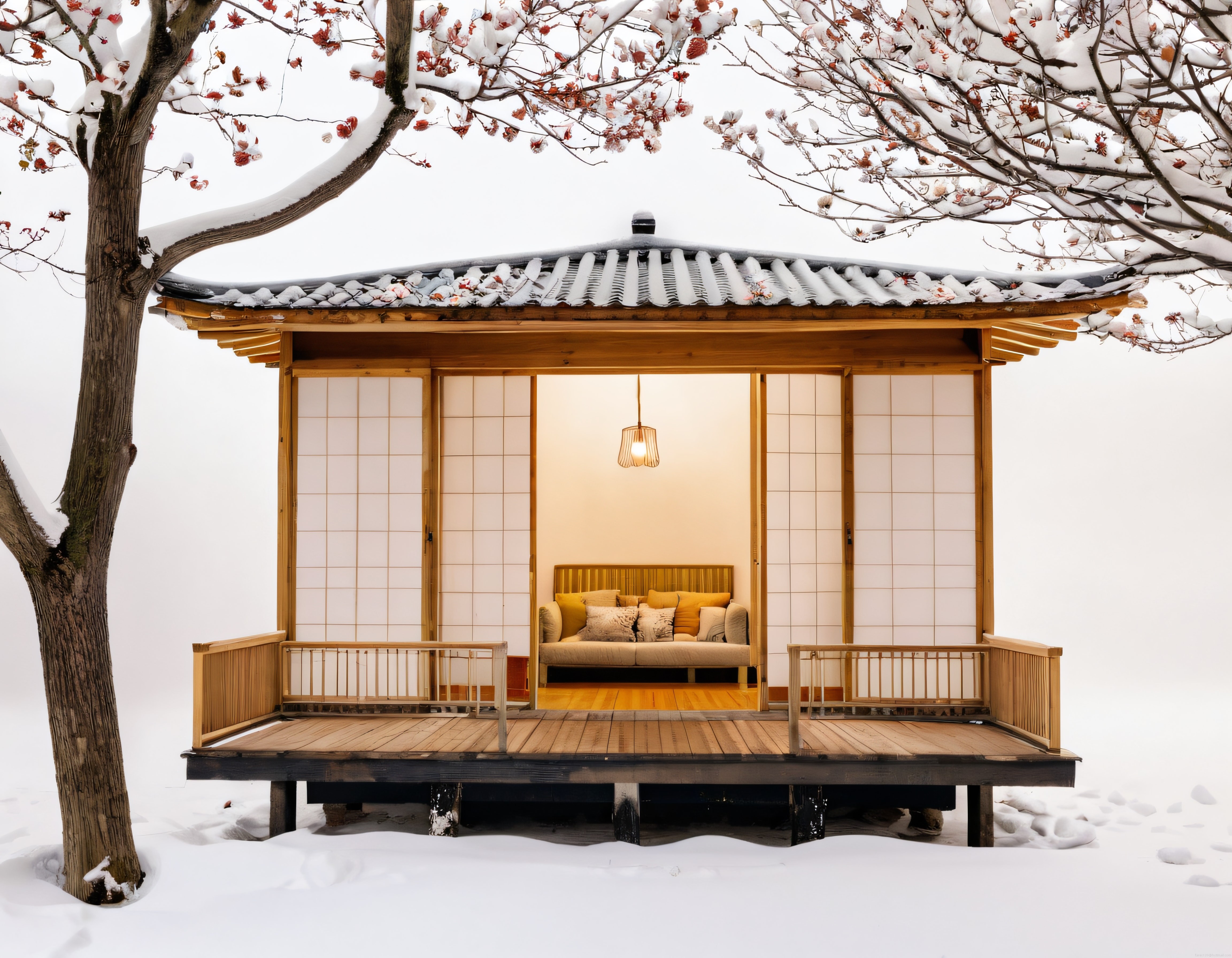 Karlar Altında Geleneksel Ahşap Japon Evi ve Sessiz Kış Manzarası