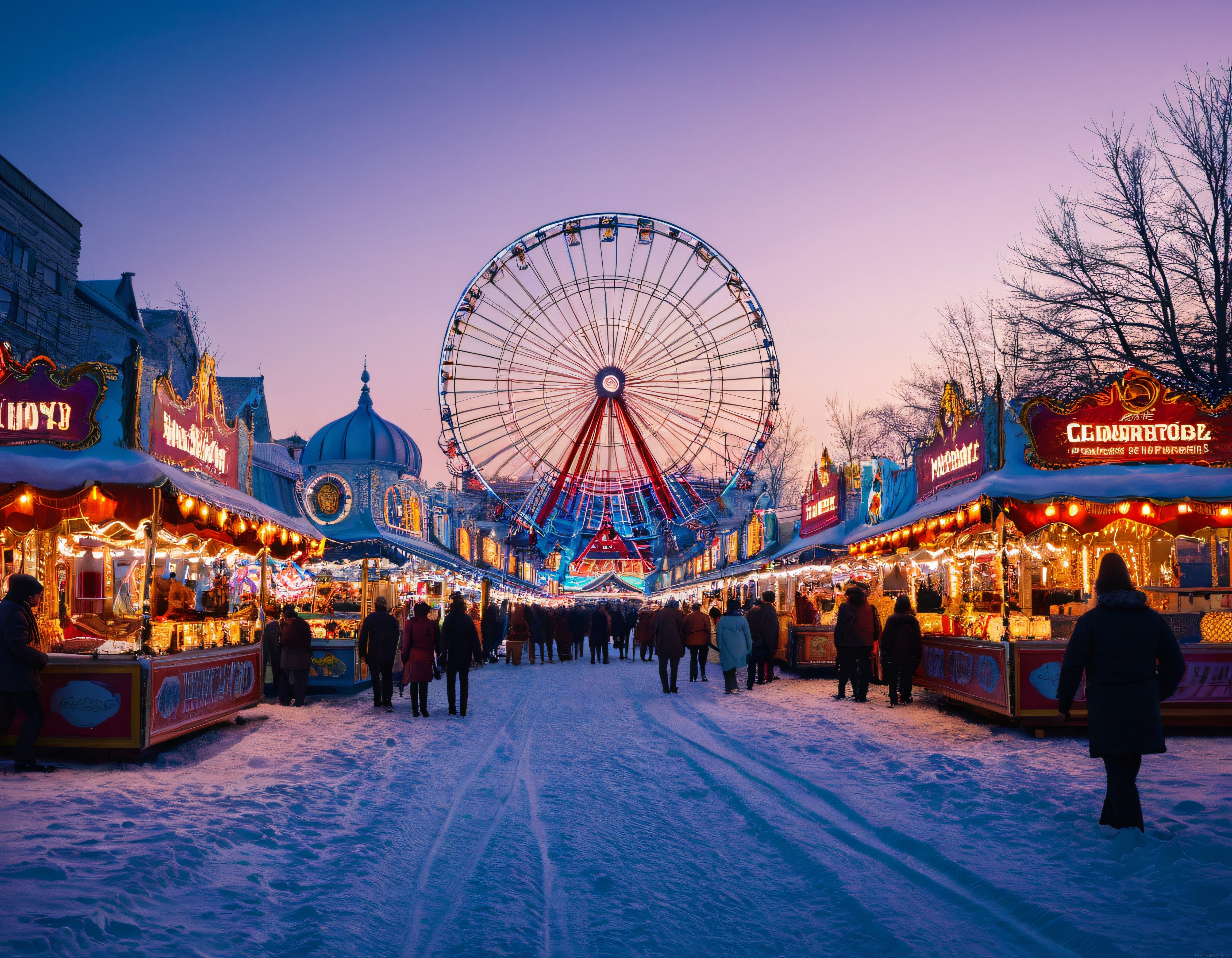 Karlar Altında Işıltılı Lunapark Gün Batımında Büyülü Atmosfer