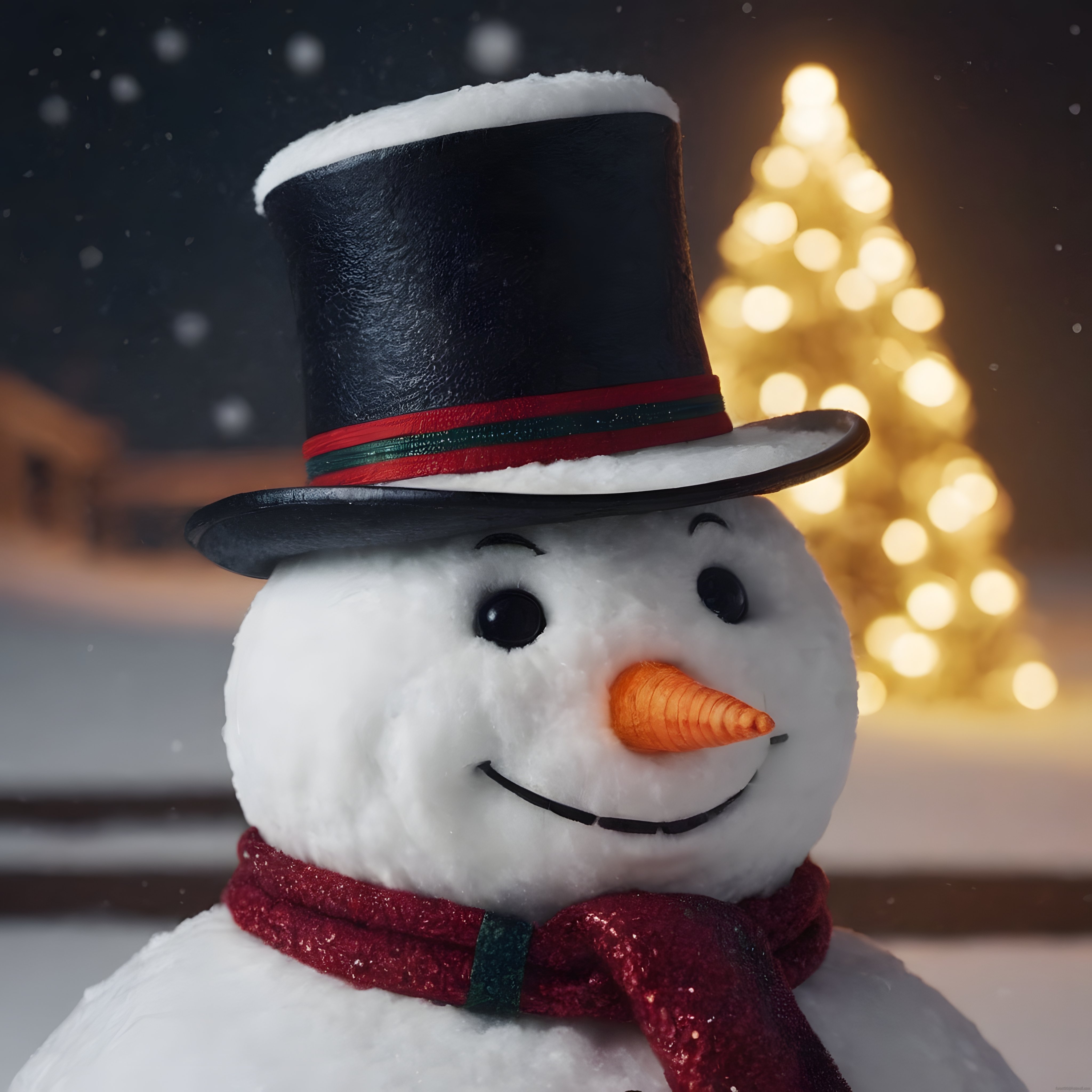 Karlar Altında Sevimli Kardan Adam ve Işıltılı Noel Ağacı Manzarası