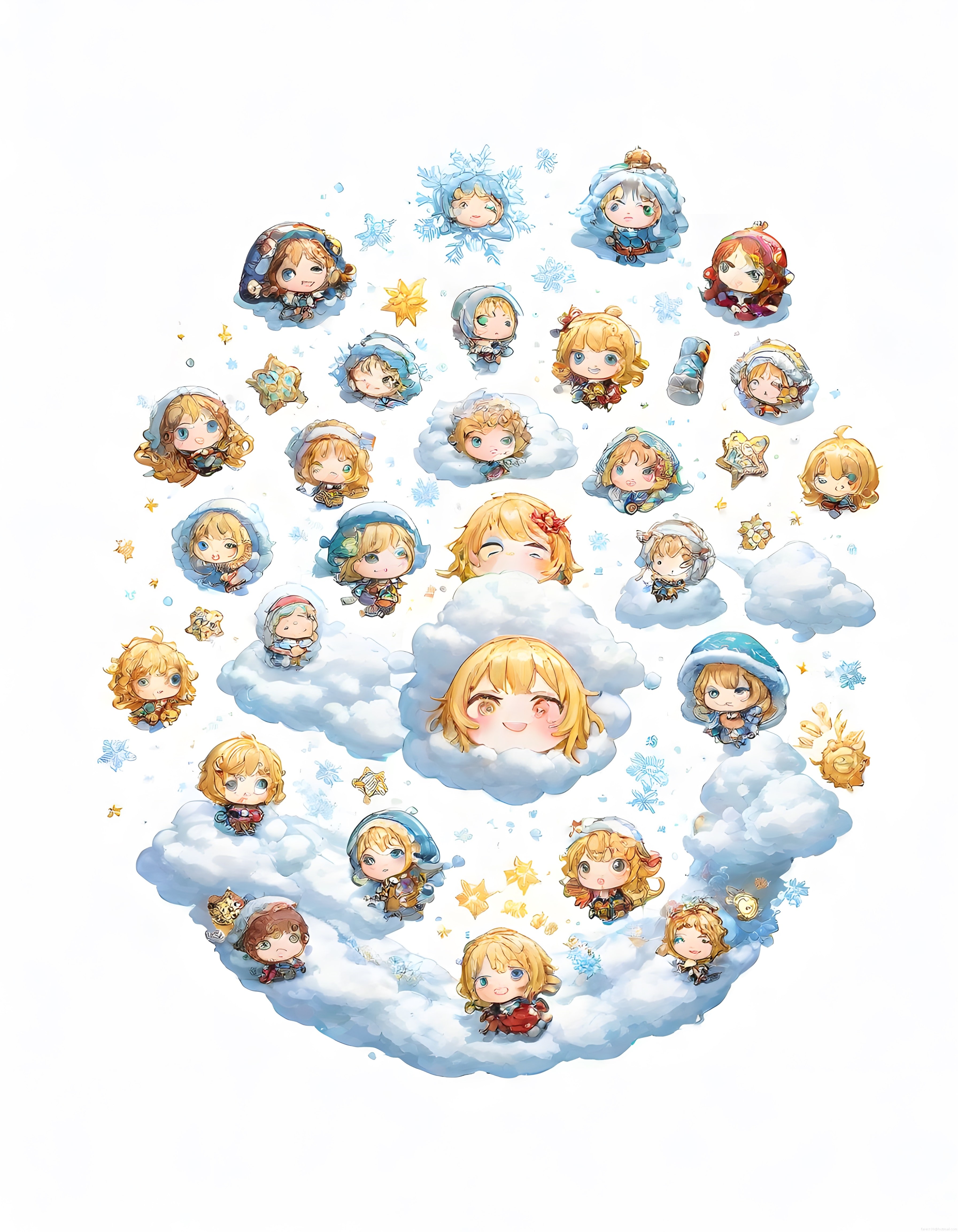 Karlar Arasında Uçan Sevimli Chibi Anime Karakterleri Dijital İllüstrasyon