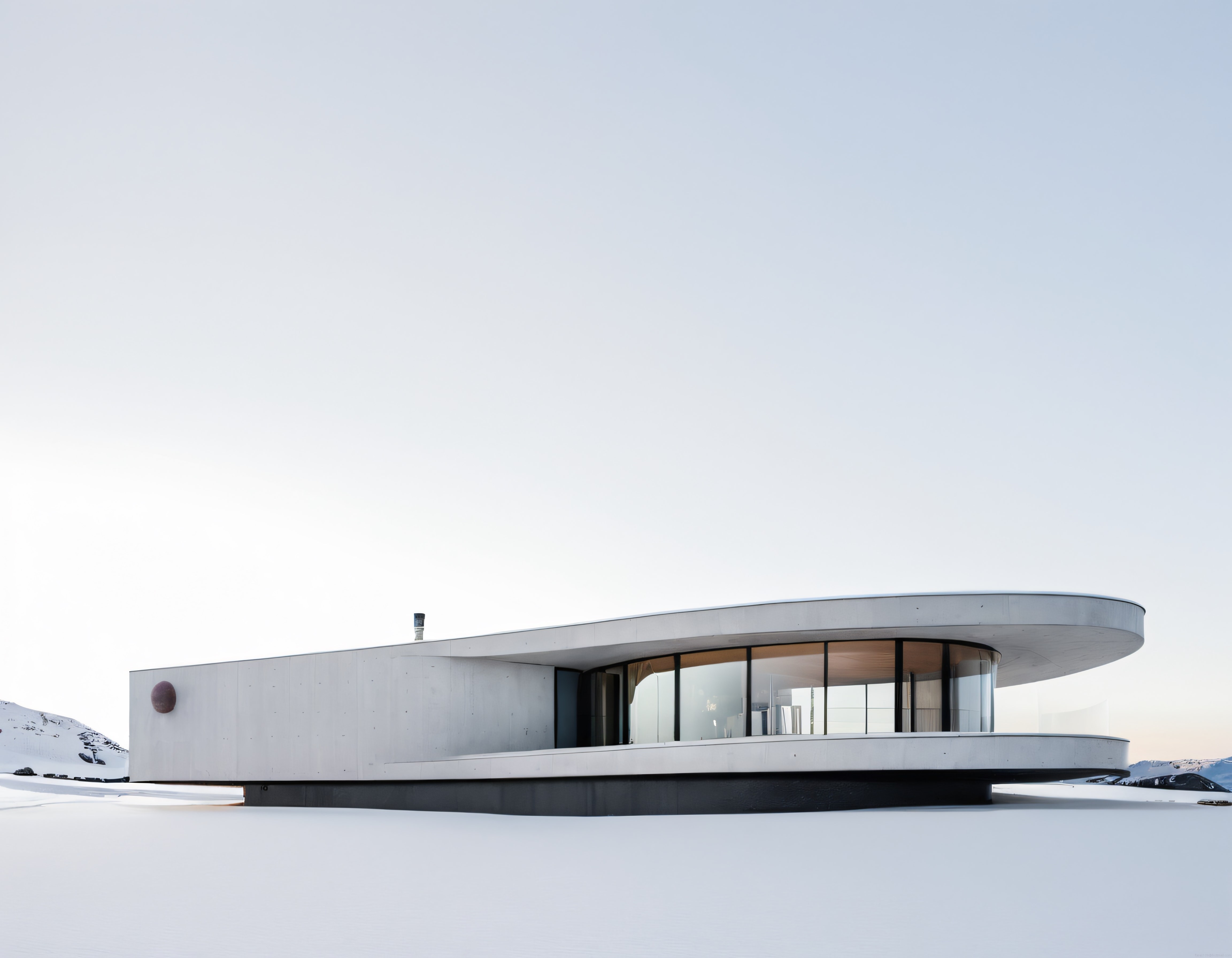 Karlar üzerinde yüzen futuristik dağ evi ve minimalist mimari güzellik