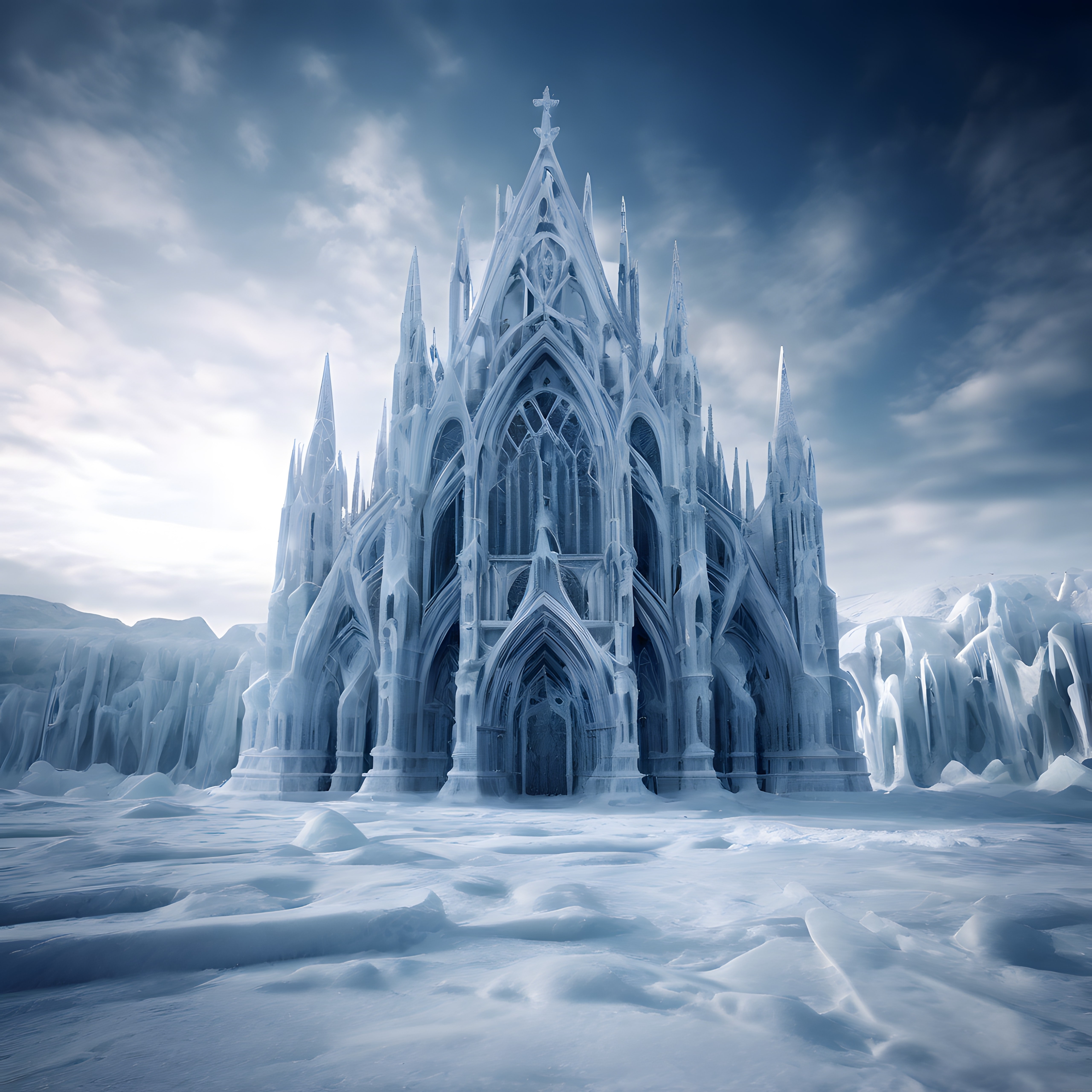 Karların İçinde Yükselen Muhteşem Buzdan Gotik Katedral ve Soğuk Kış Atmosferi