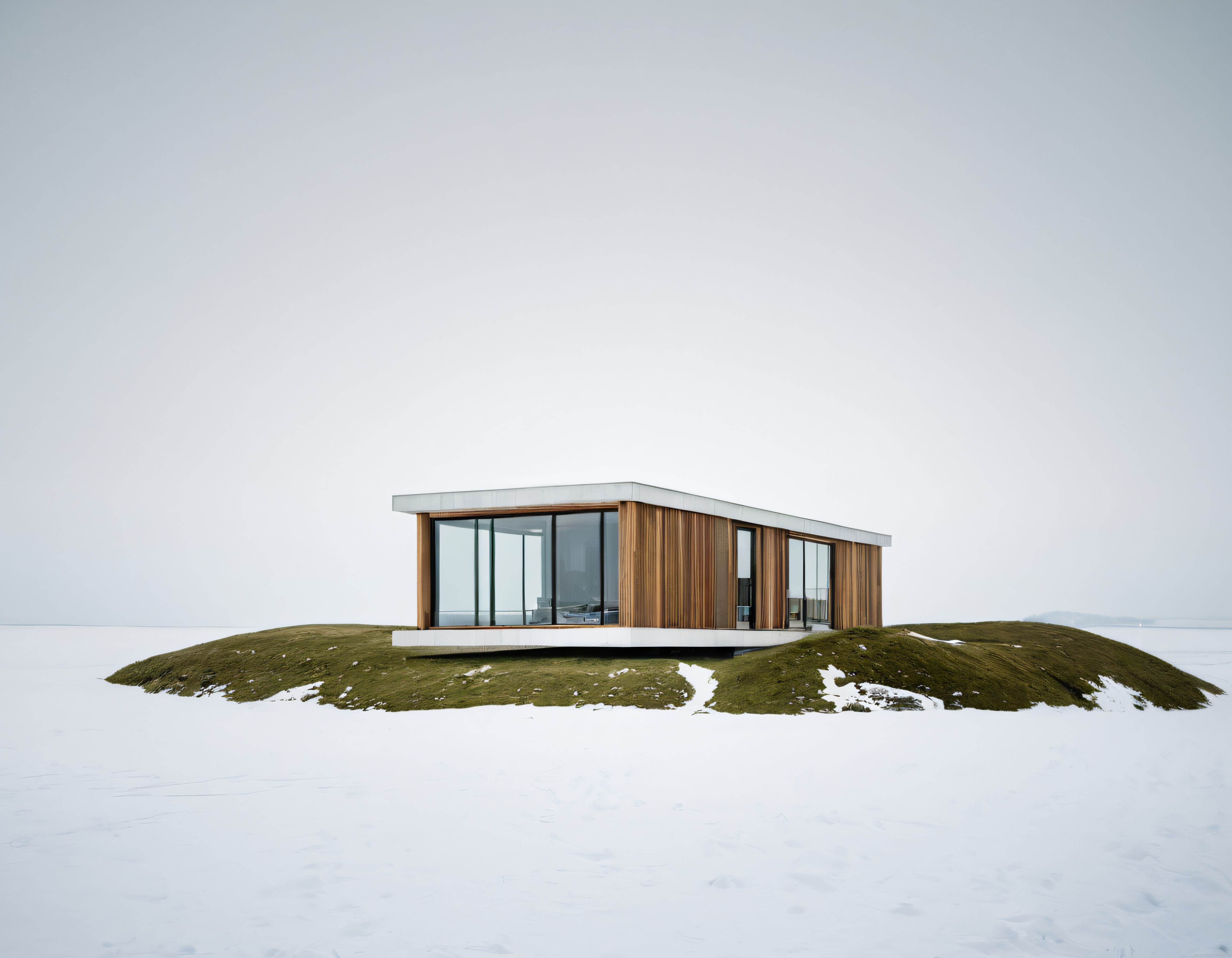 Karlarla Çevrili Tepede Yükselen Modern Cam ve Ahşap Minimalist Ev