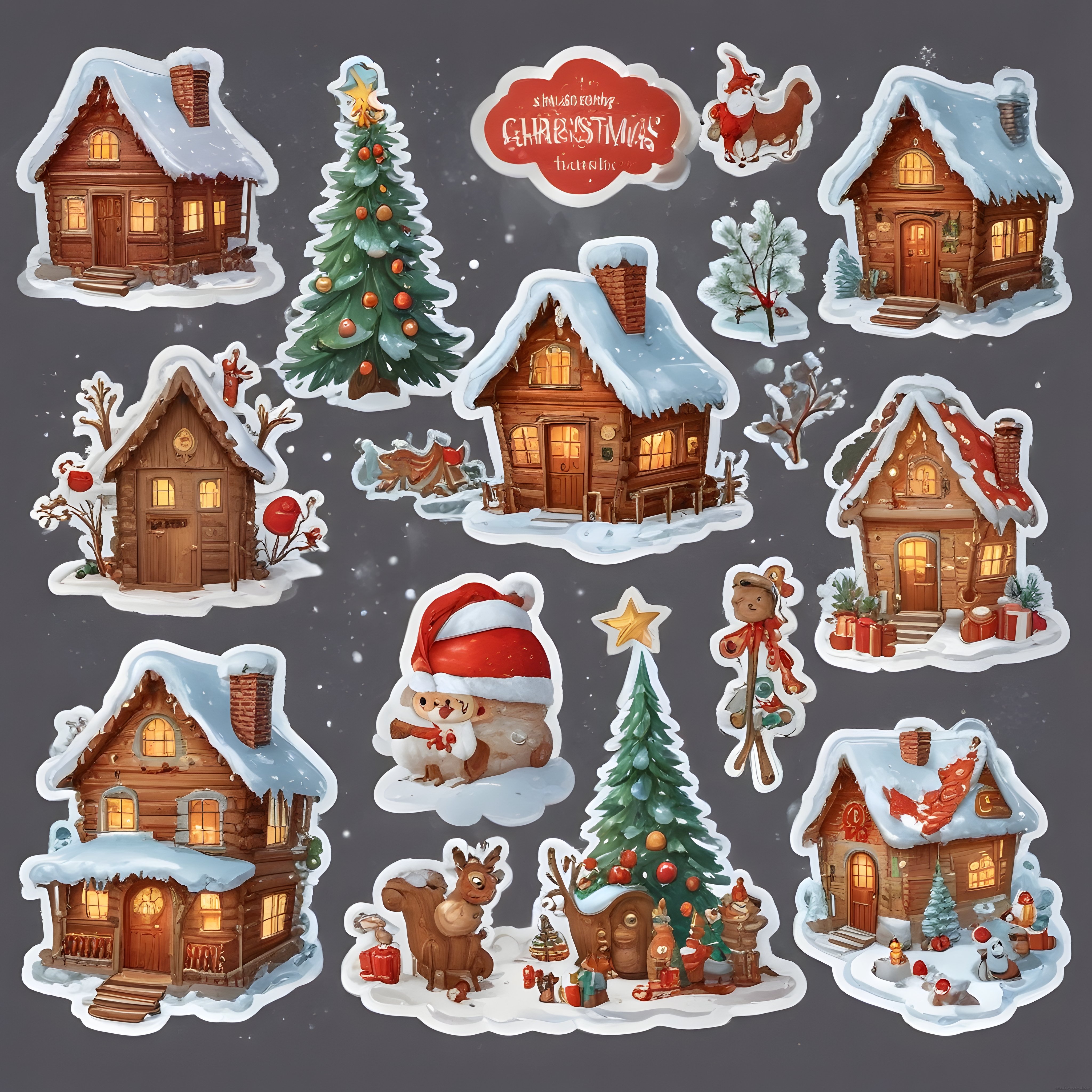 Karlı Ahşap Evler ve Noel Karakterleriyle Sıcak Yılbaşı İllüstrasyon Seti