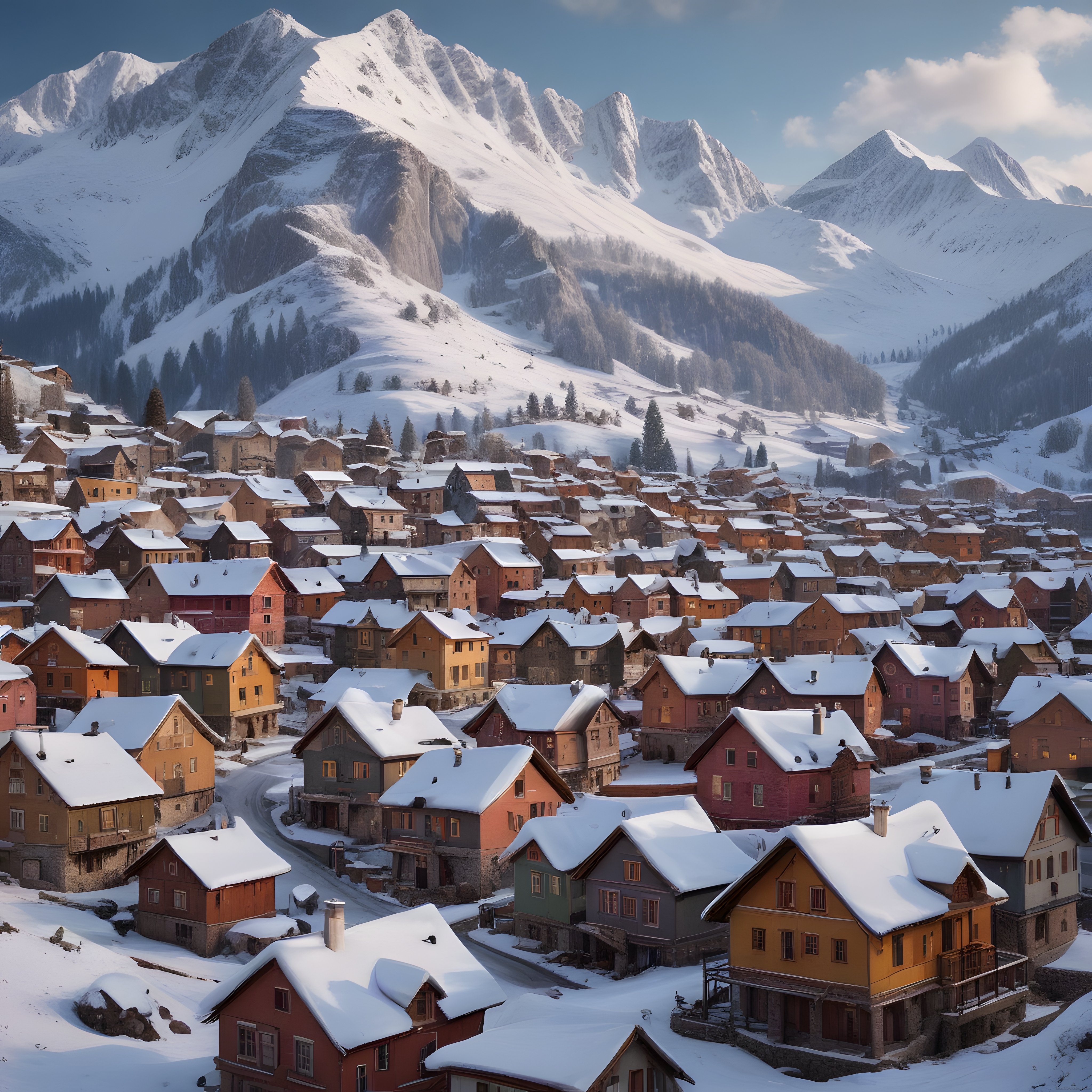 Karlı Alp Dağlarının Eteklerinde Masalsı Bir Kış Köyü Panoraması