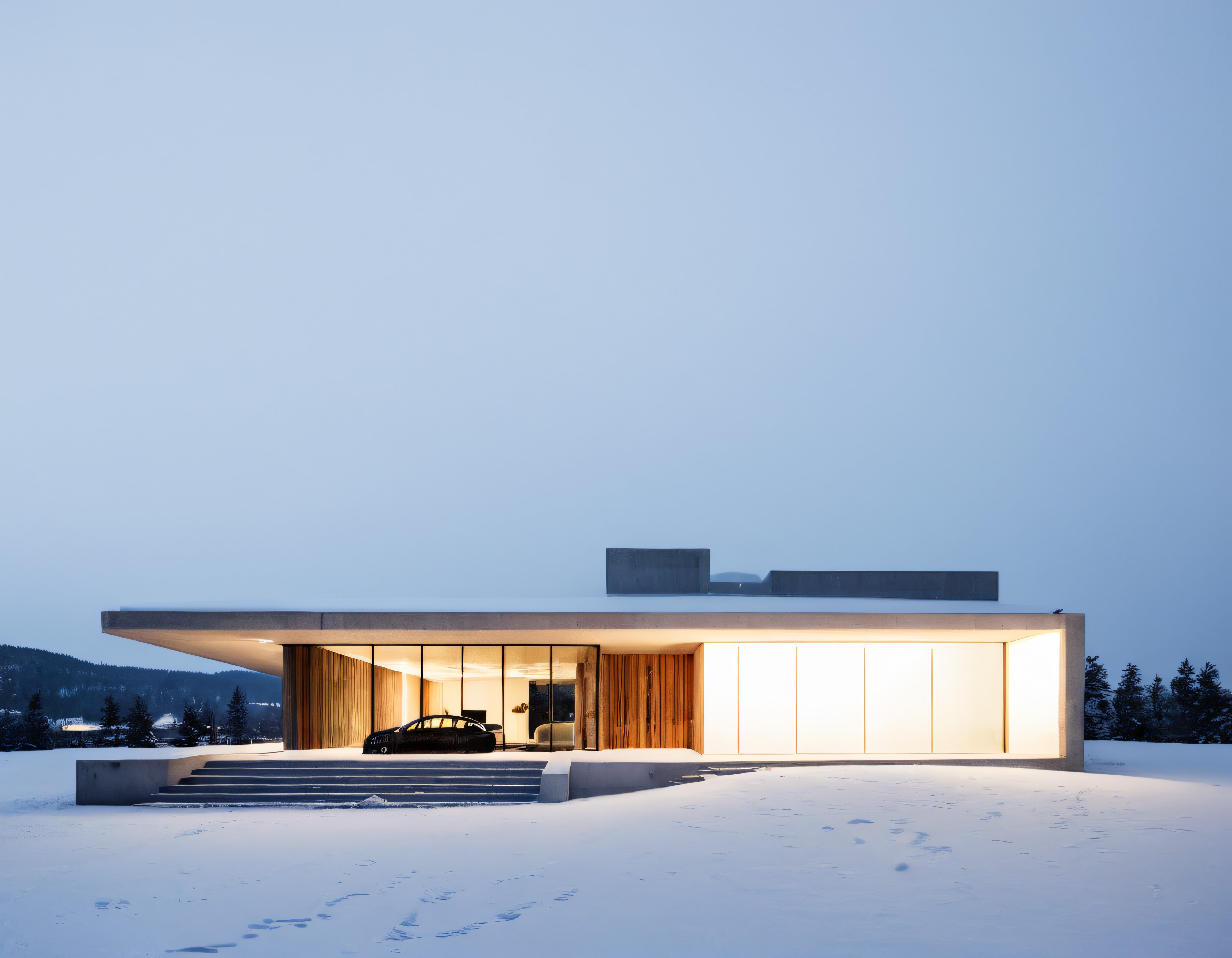 Karlı Arada Cam Cepheli Modern Minimal Villa ve Mimarî Ev Atmosferi