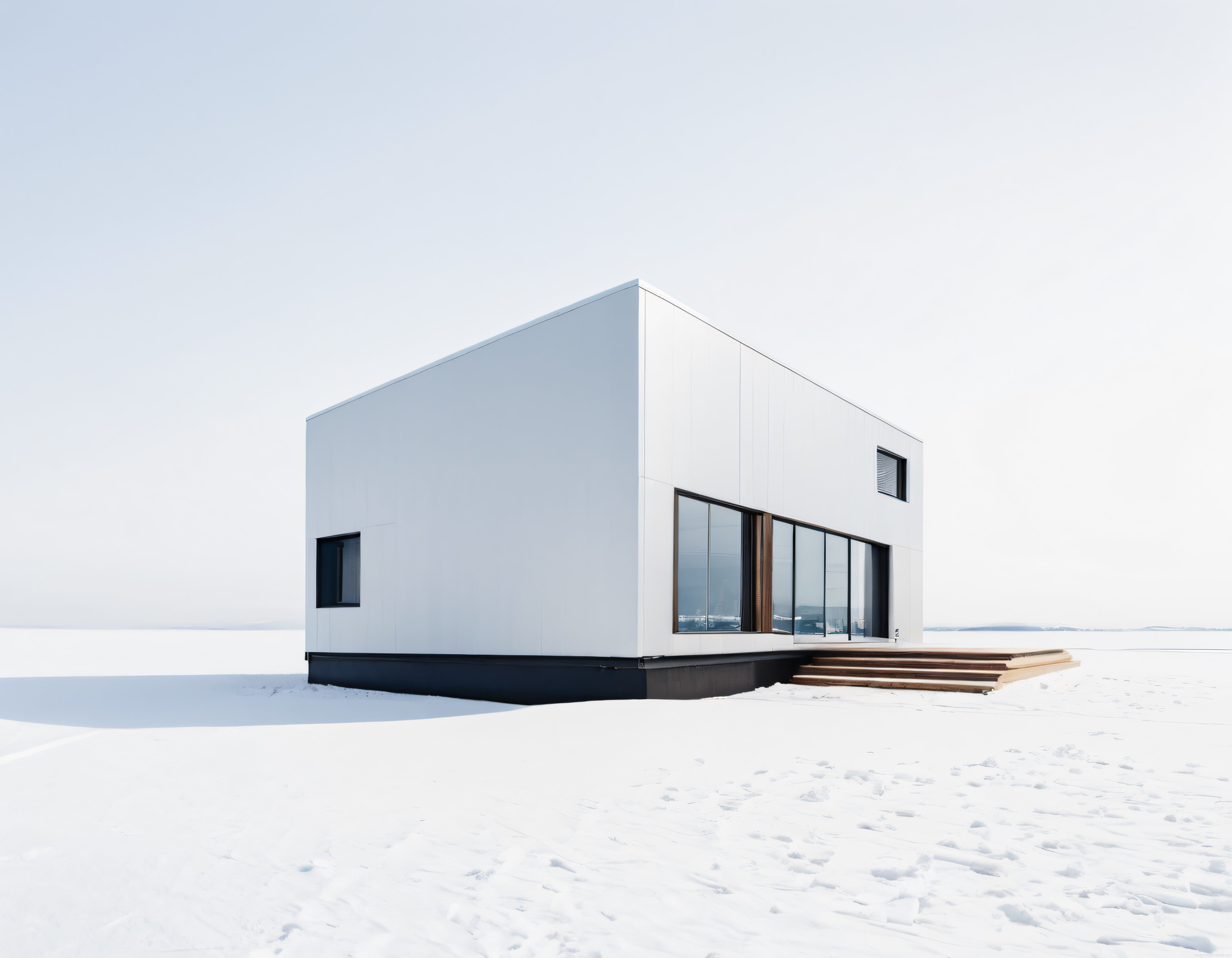 Karlı Arada Yalnız Duran Minimalist Beyaz Kübik Ev ve Sonsuz Beyazlık