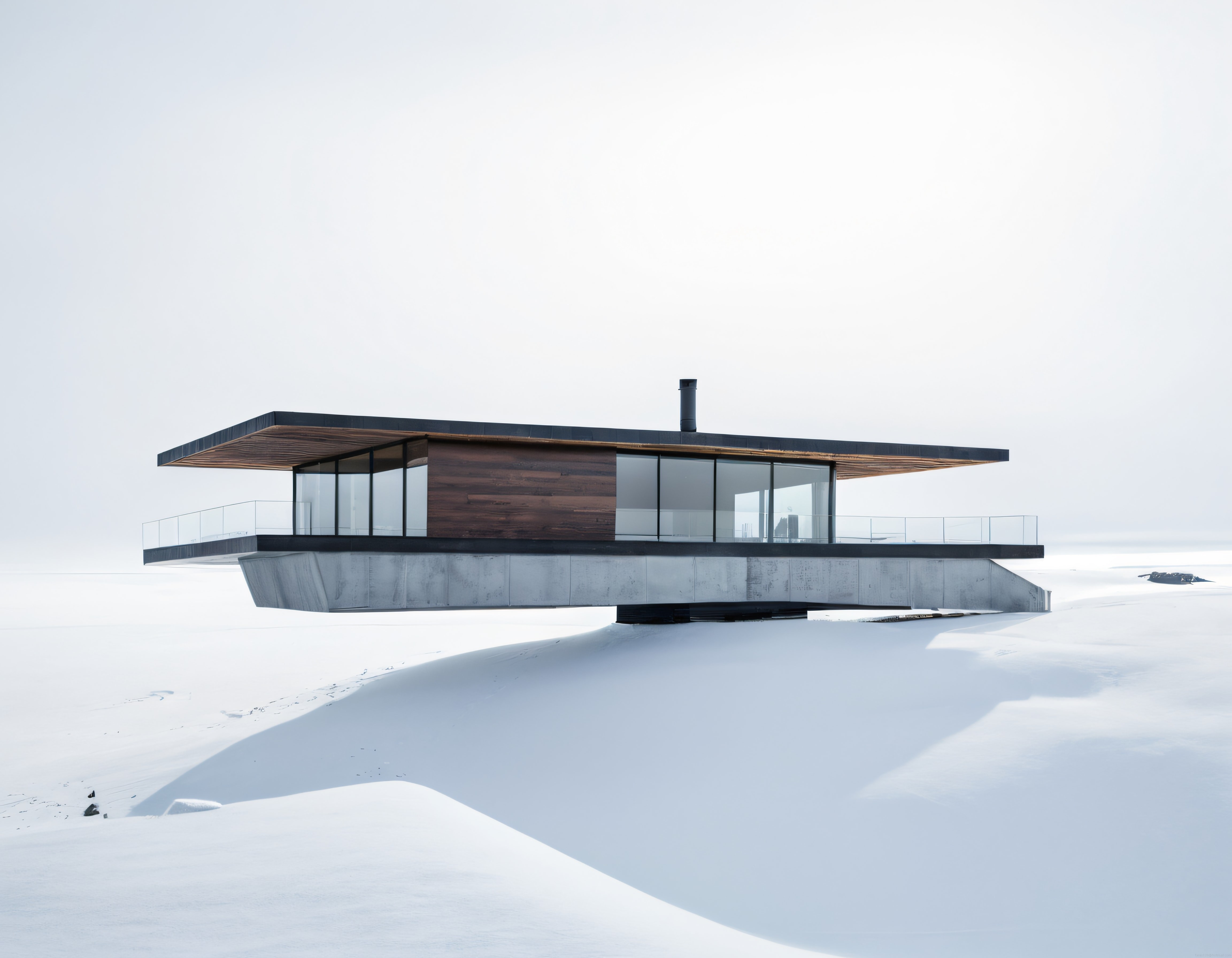 karlı arazi üzerinde modern cam ahşap ve beton detaylı villa