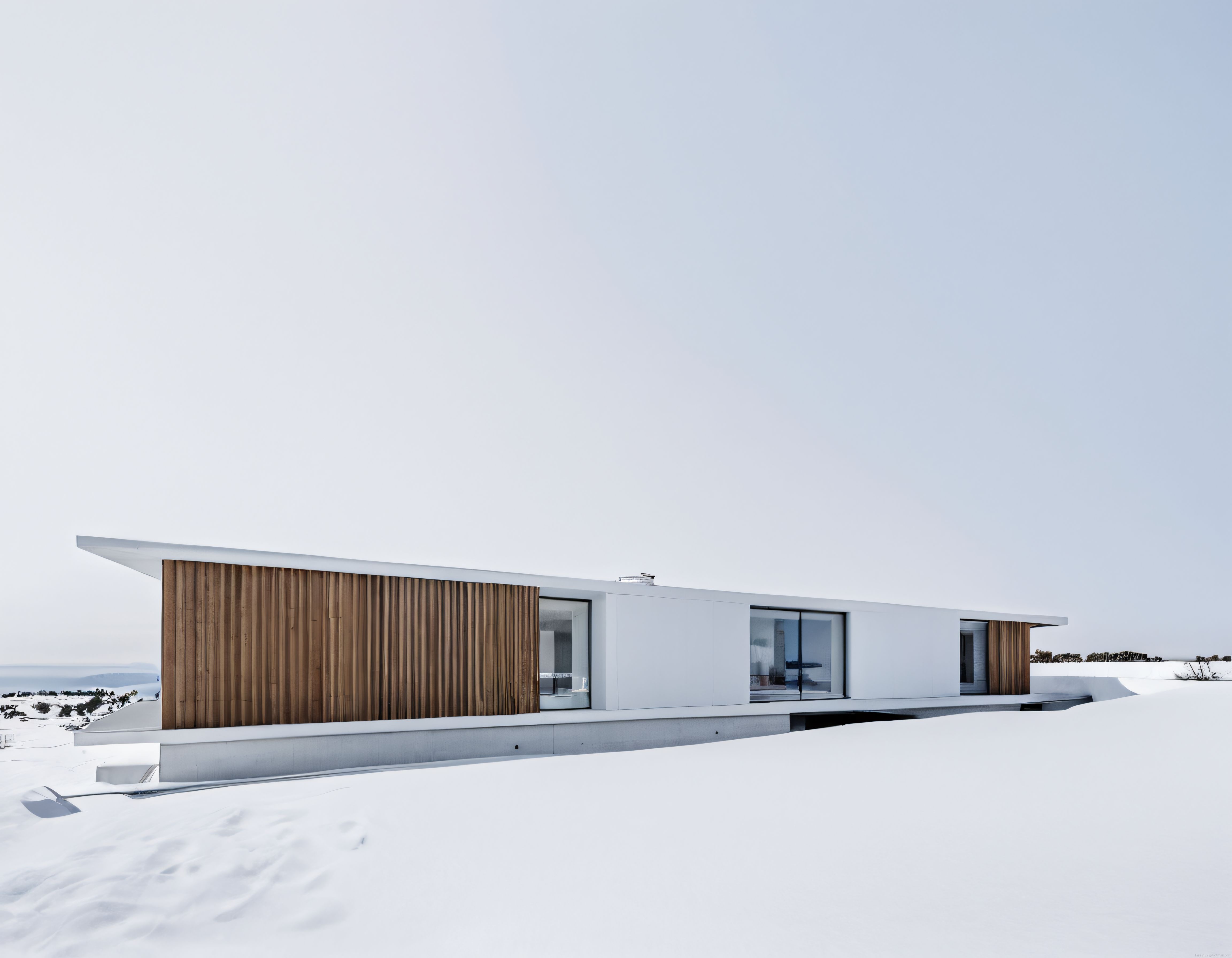 Karlı Arazide Ahşap Panelli ve Cam Cepheli Modern Minimalist Villa