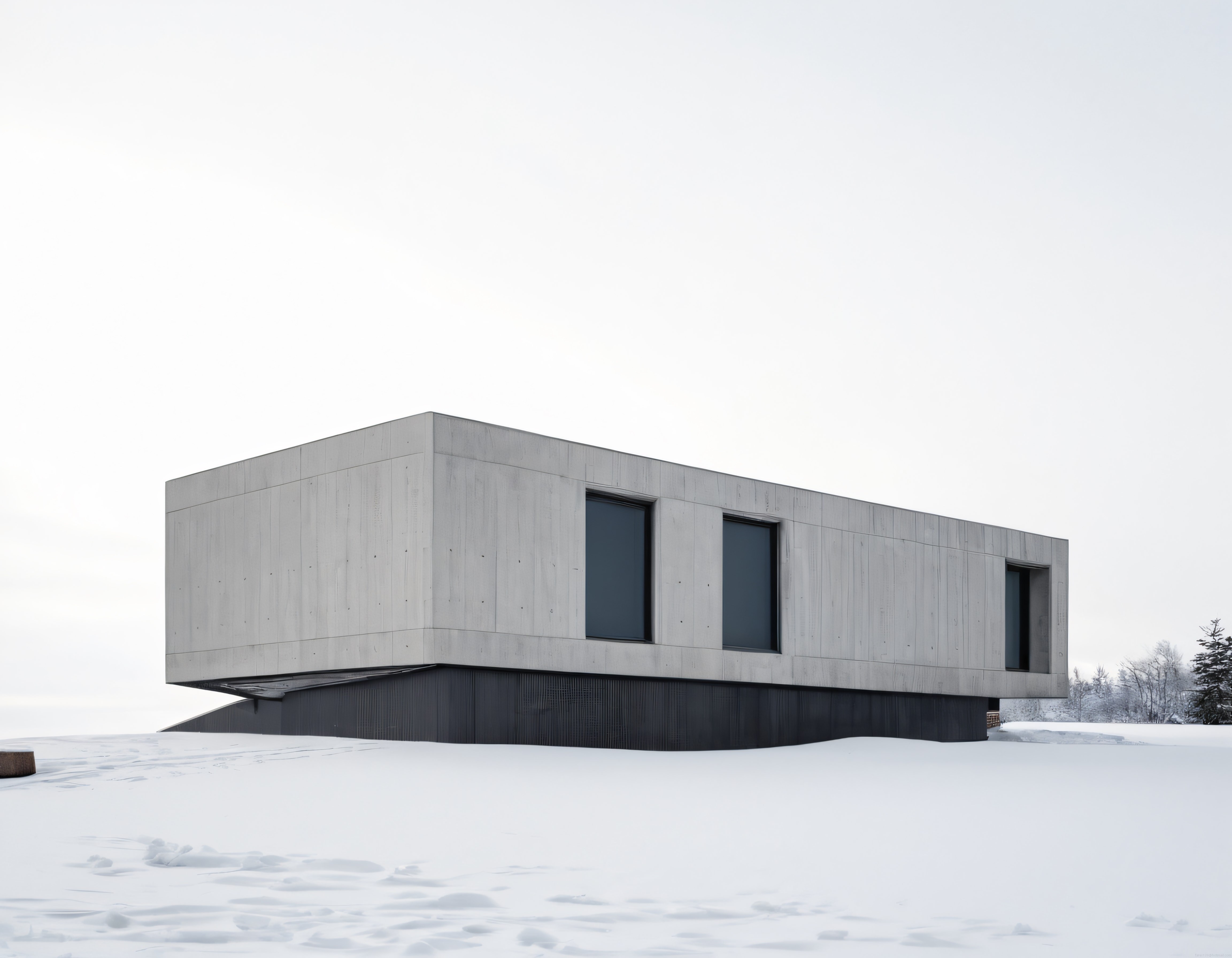 Karlı Arazide Asılı Duran Minimalist Beton Ev ve Koyu Pencereleri