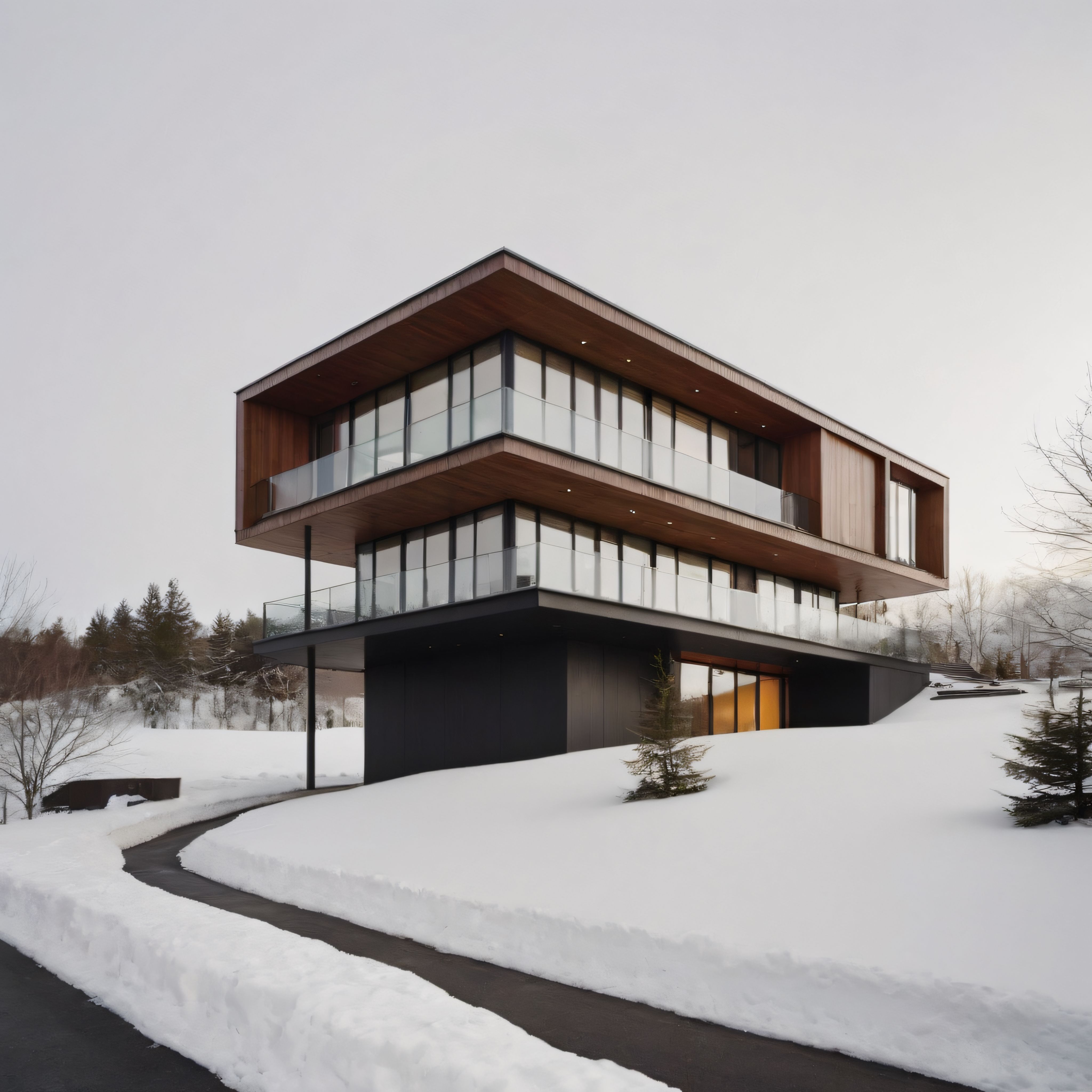 Karlı Arazide Asma Katlı Modern Ahşap ve Cam Cepheli Minimalist Villa Tasarımı