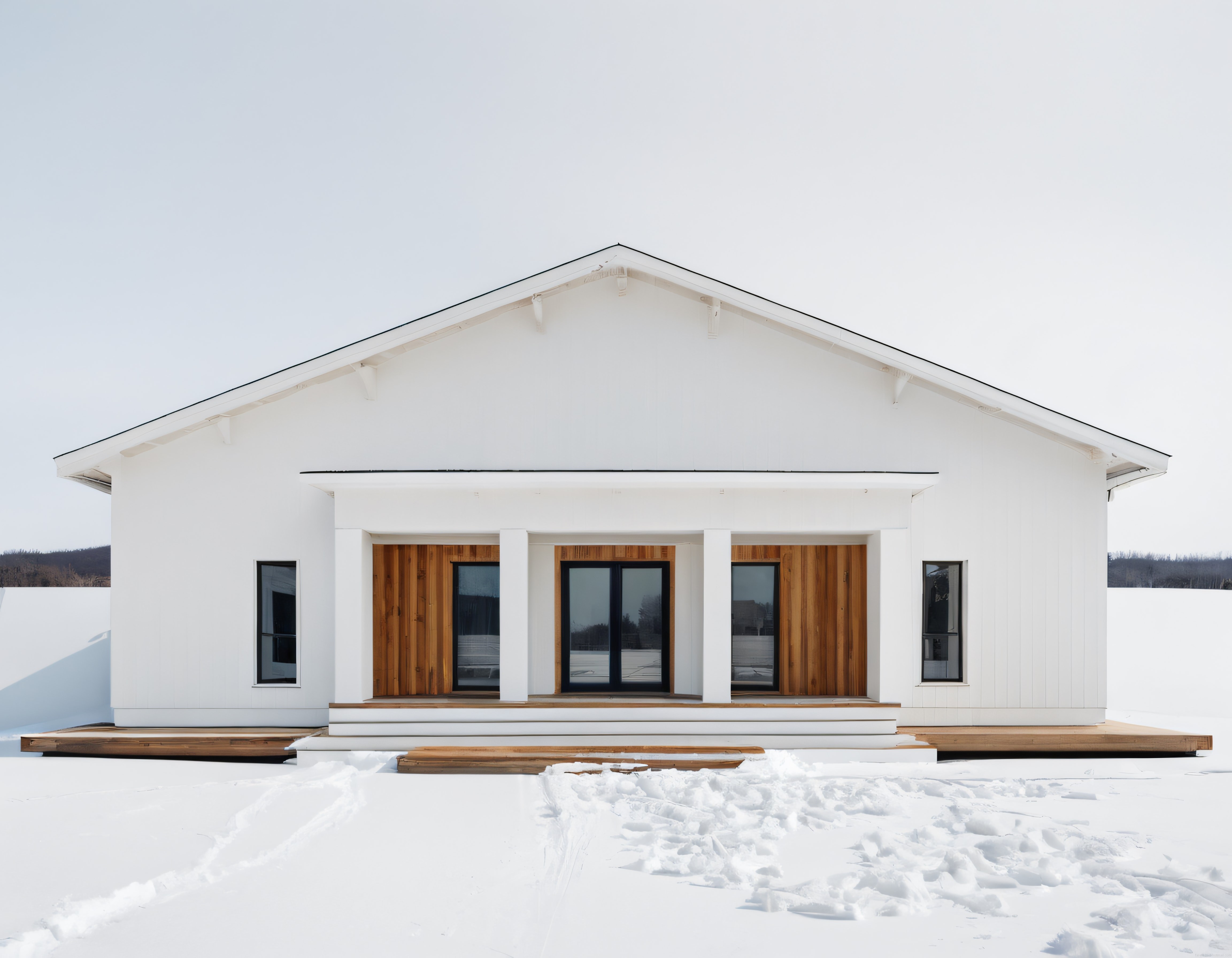 Karlı Arazide Beyaz Modern Çiftlik Evi, Doğal Ahşap Cephe ve Minimalist Tasarım