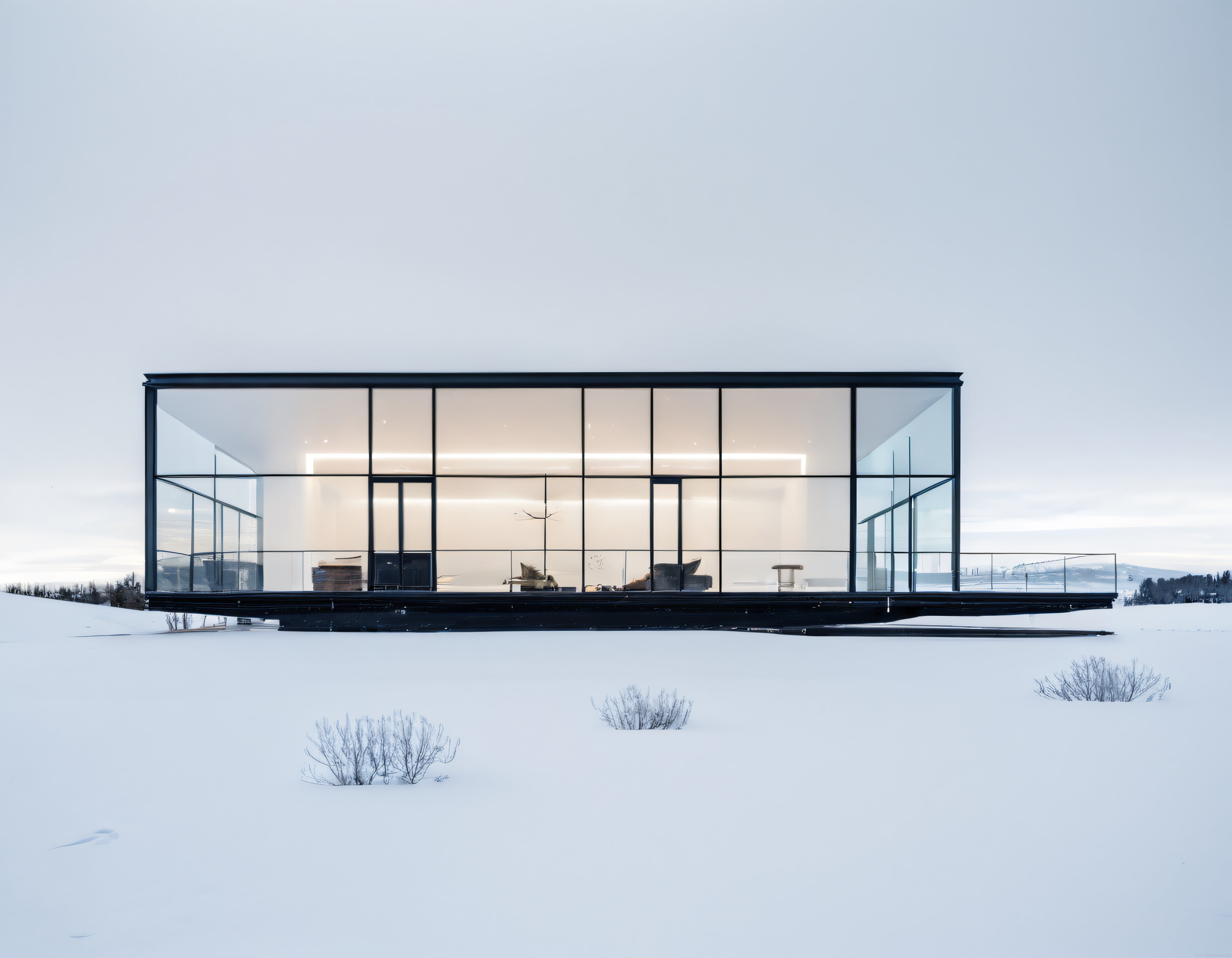 Karlı Arazide Büyük Cam Cepheli Modern Minimalist Villa ve Kış Manzarası