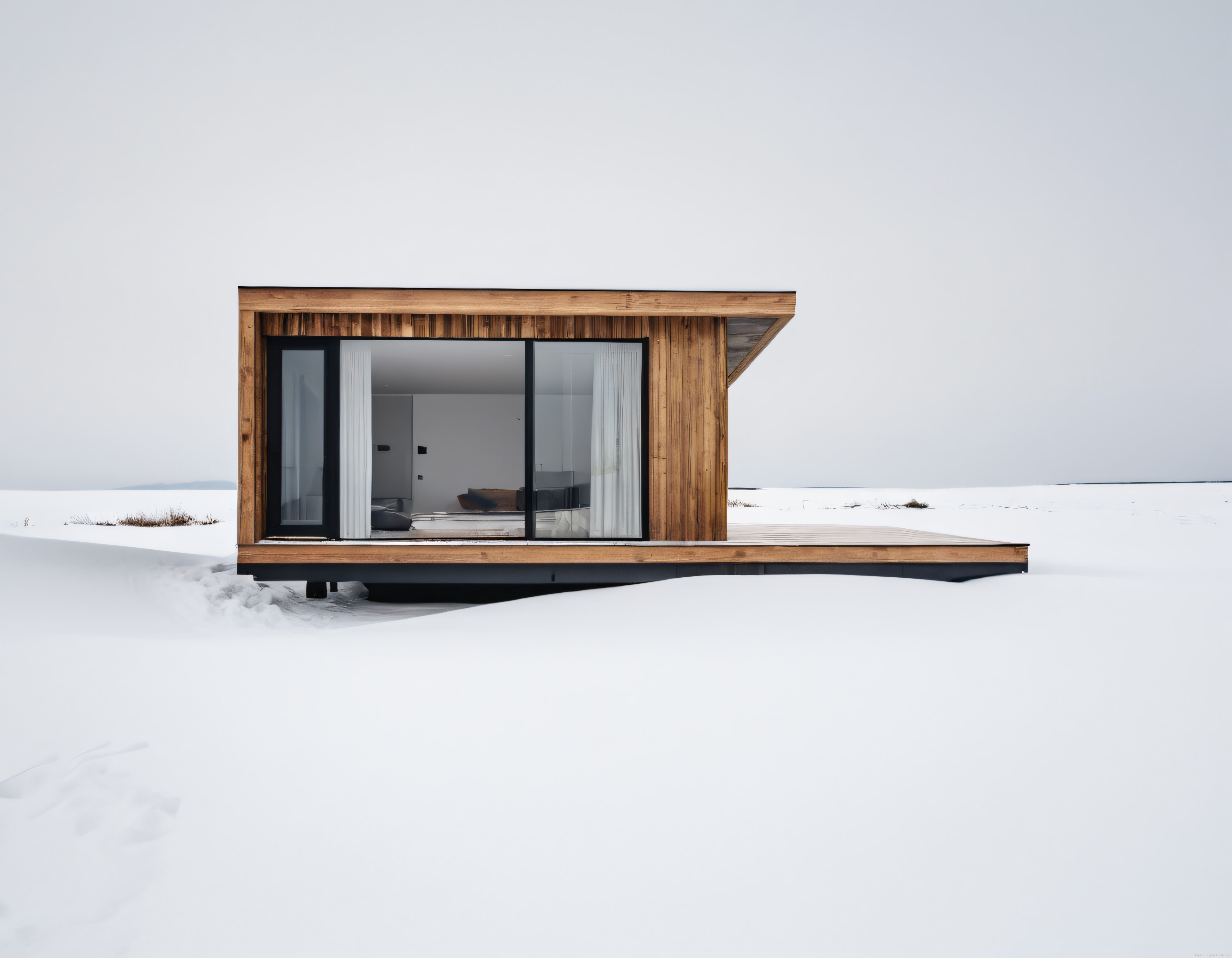 Karlı Arazide Büyük Cam Pencereli Modern Ahşap Ev ve Minimalist Mimari