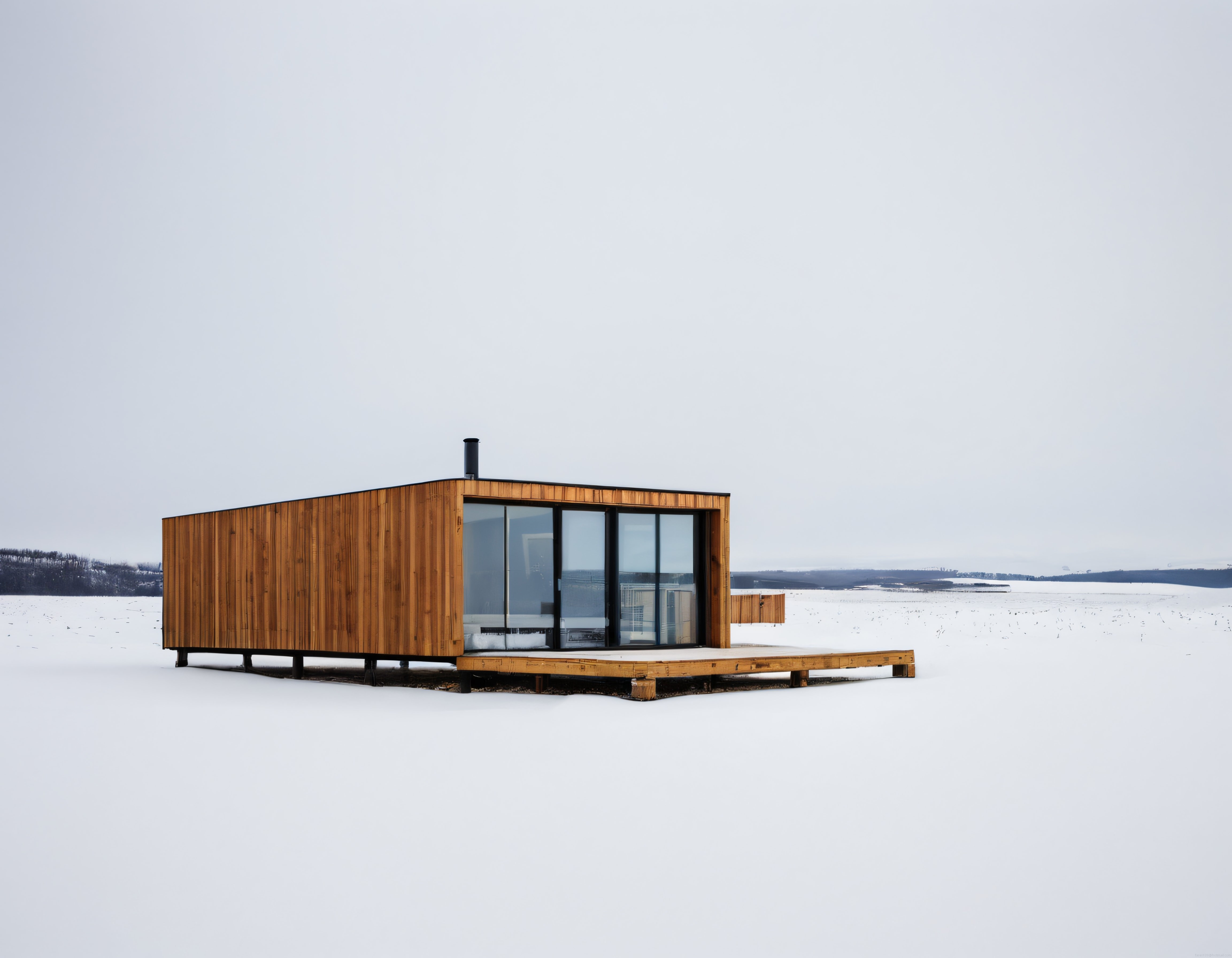 Karlı arazide büyük camlı modern ahşap ev ve minimalist mimari örneği