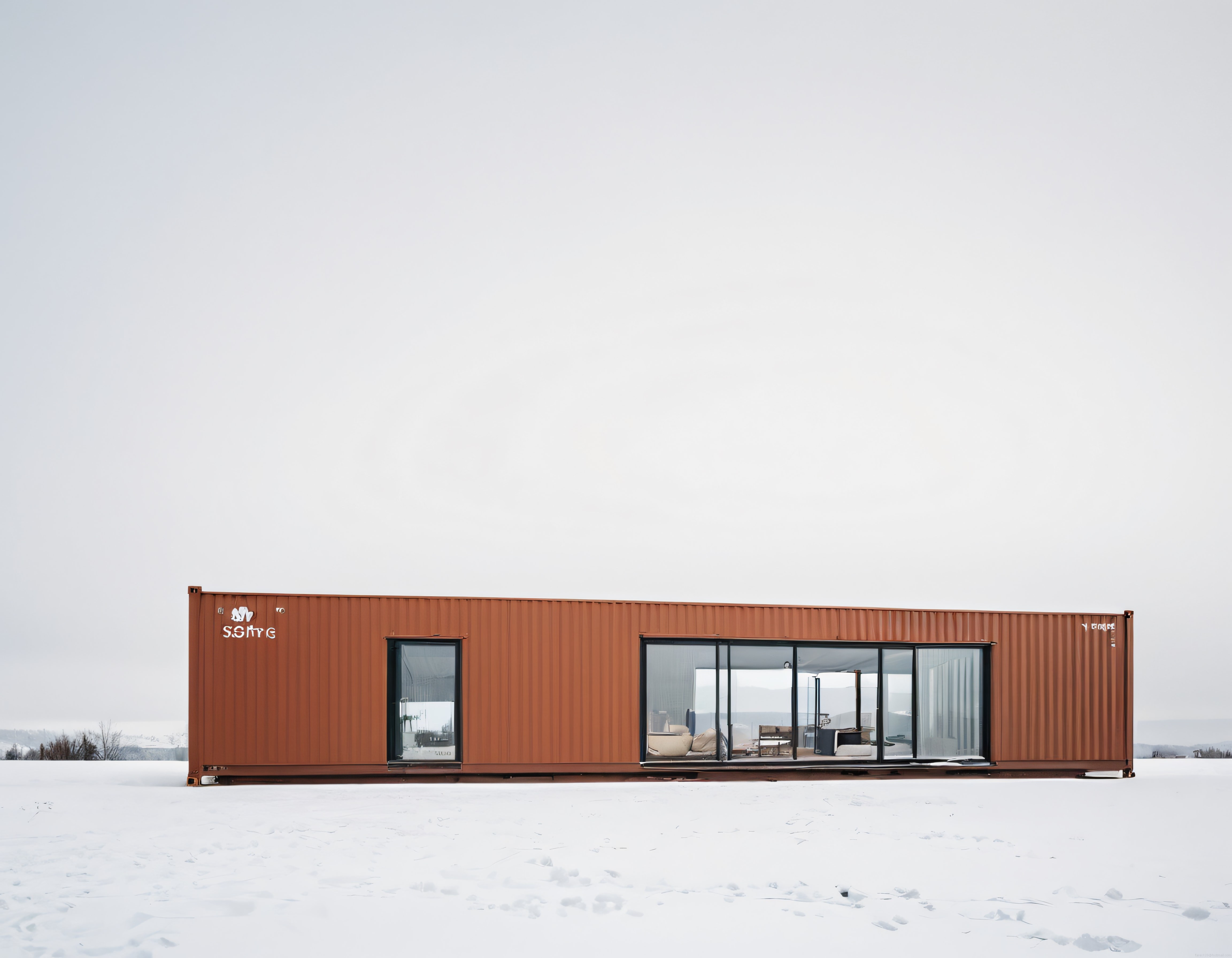 Karlı Arazide Büyük Camlı Modern Konteyner Ev ve Minimalist Yaşam Alanı
