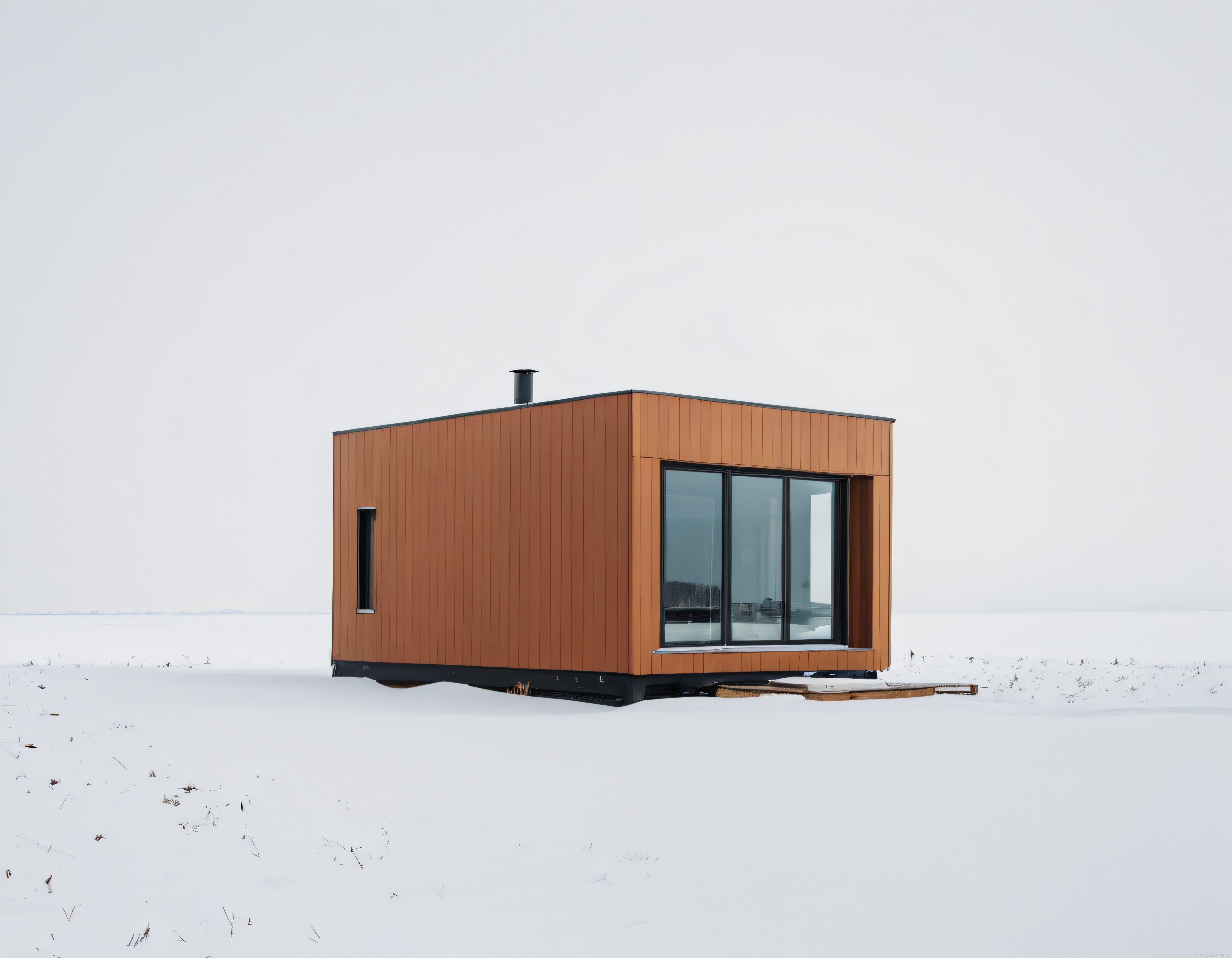 Karlı Arazide Büyük Camlı Modern Mimari Ahşap Tiny House Kulübe