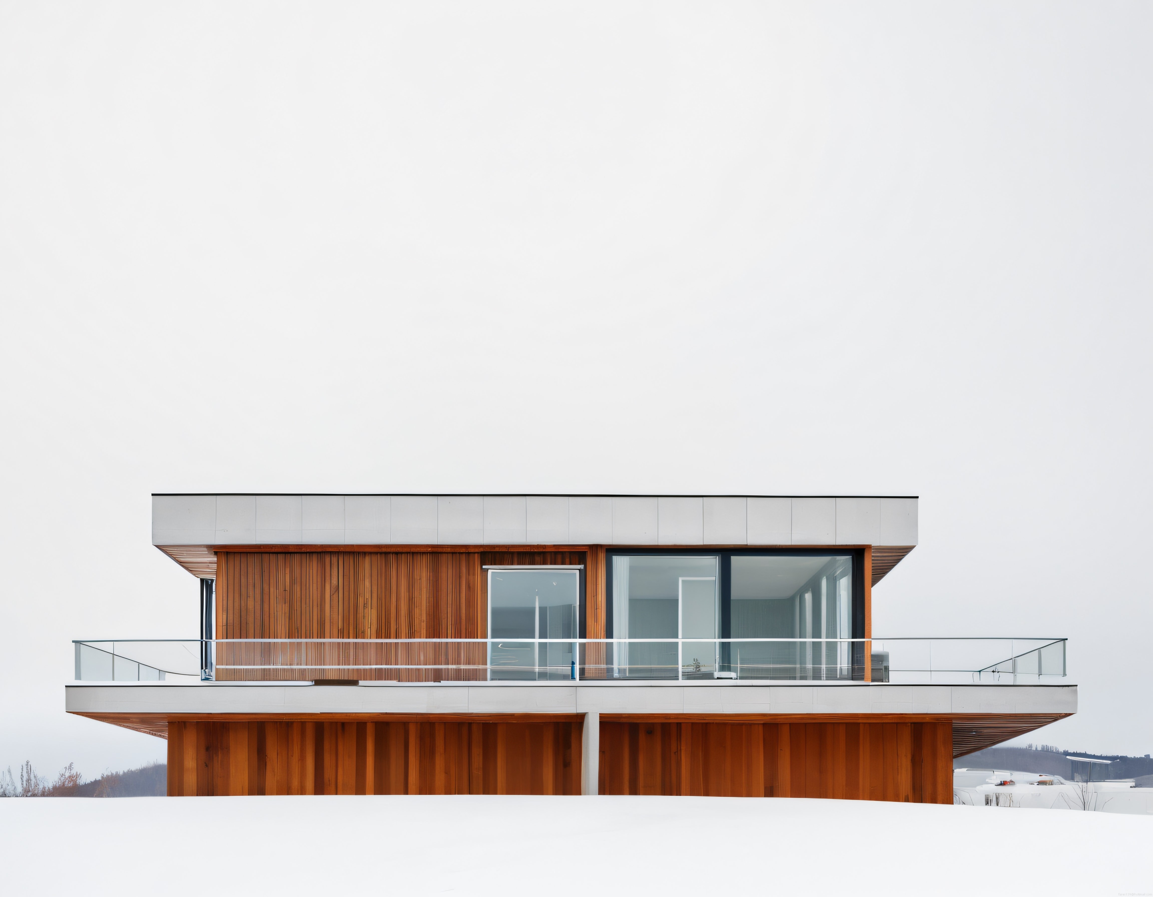 Karlı Arazide Büyük Camlı ve Ahşap Detaylı Modern Lüks Villa