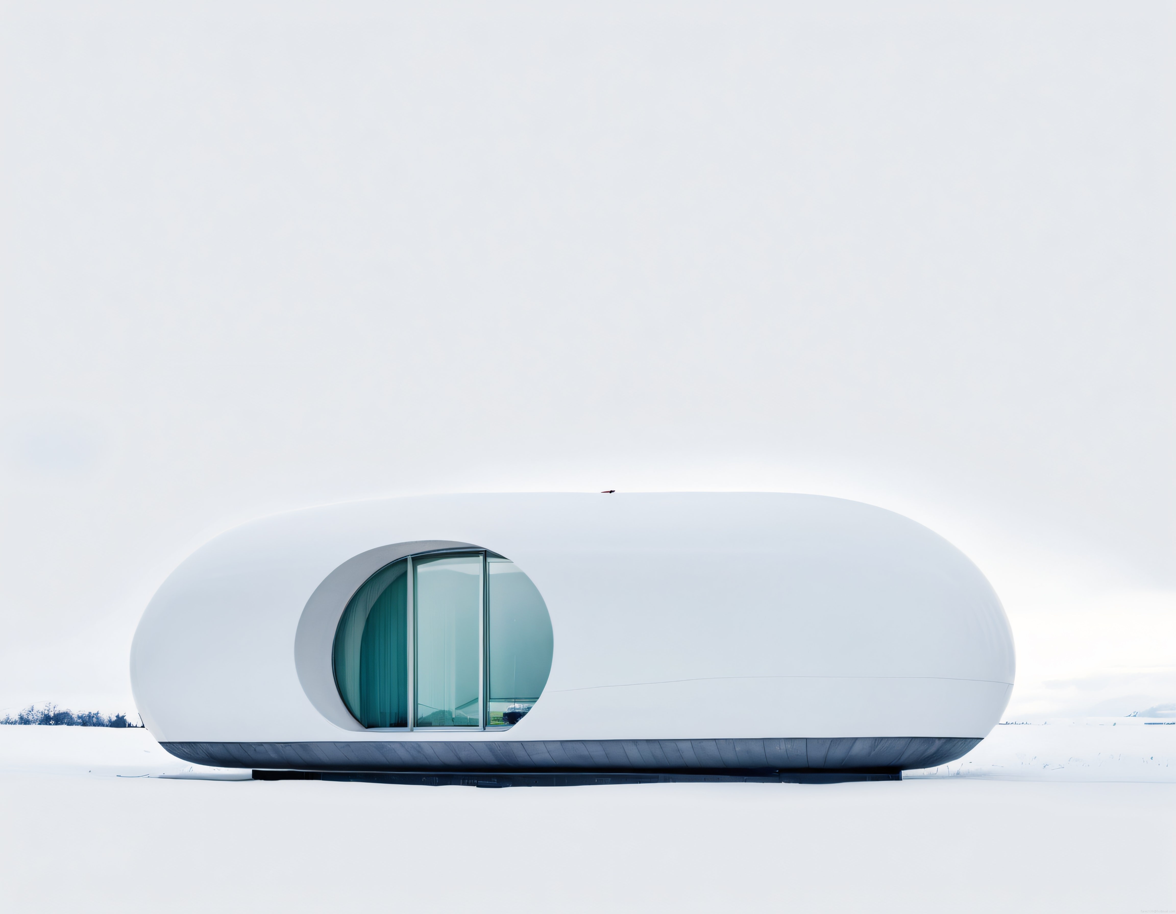 Karlı Arazide Büyük Oval Pencereli Beyaz Fütüristik Minimalist Mimari Yapı