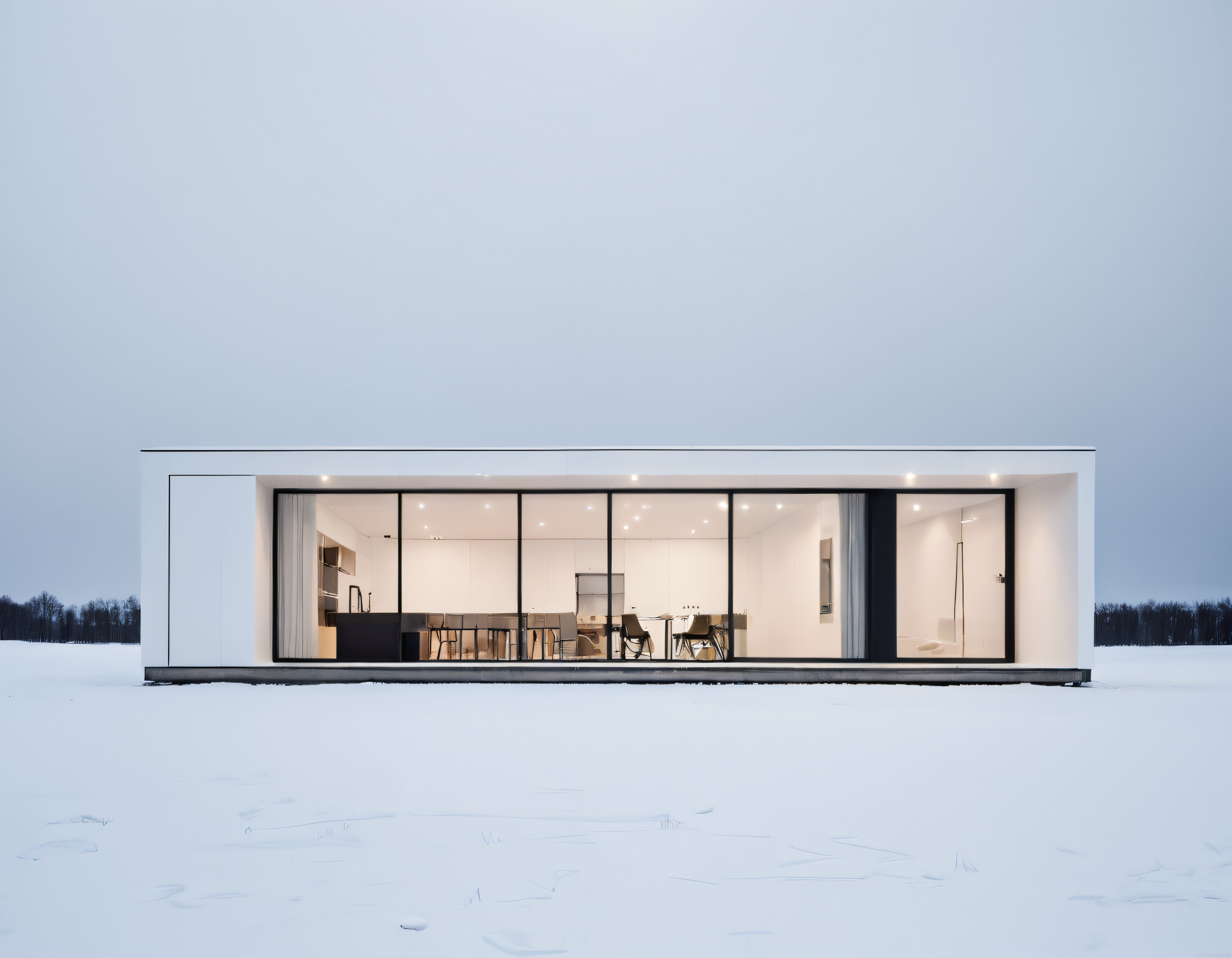 Karlı Arazide Cam Cepheli Minimalist Modern Ev ve Isıl İç Mekan Aydınlatması