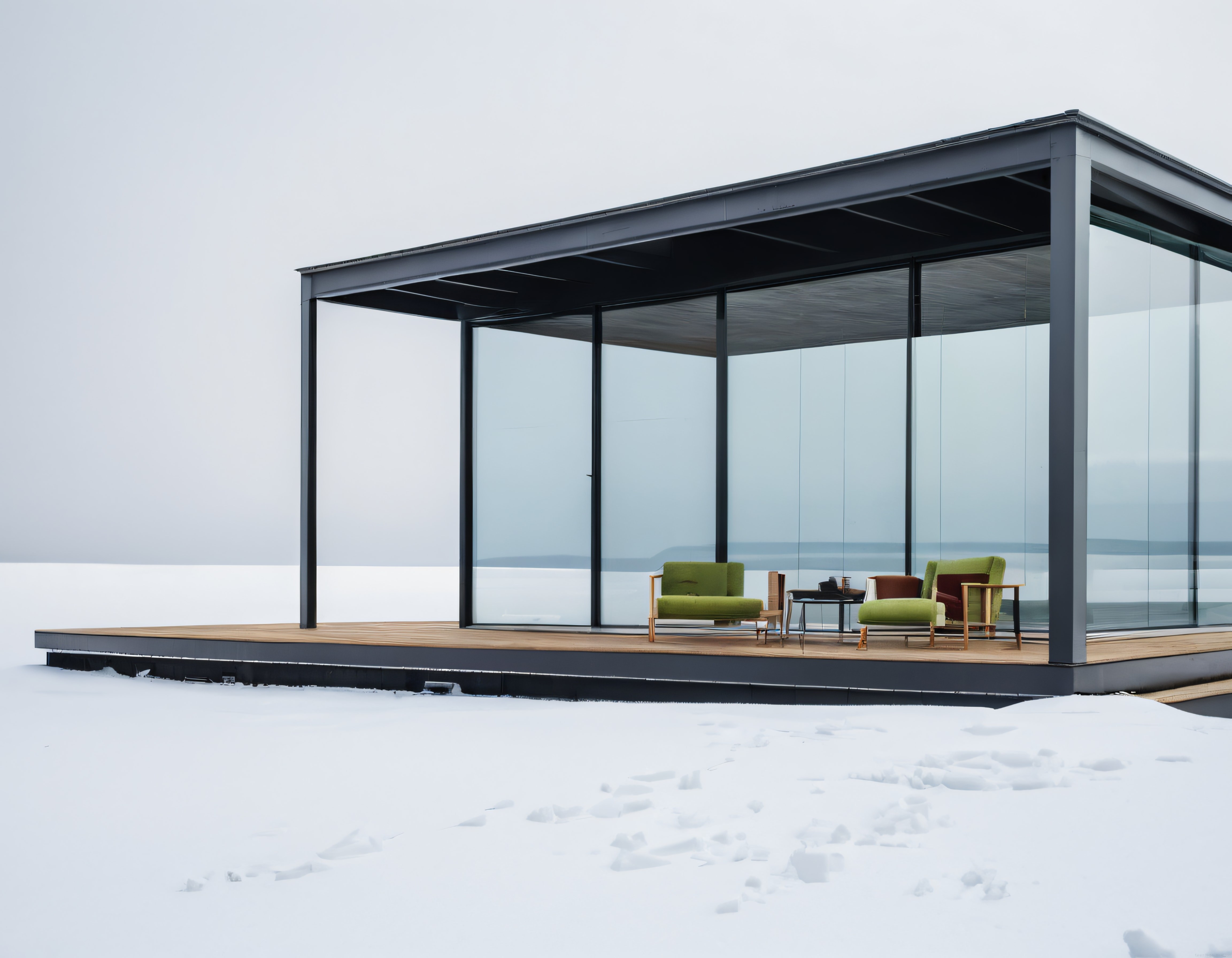 Karlı Arazide Cam Cepheli Minimalist Modern Ev ve Yeşil İç Mekan