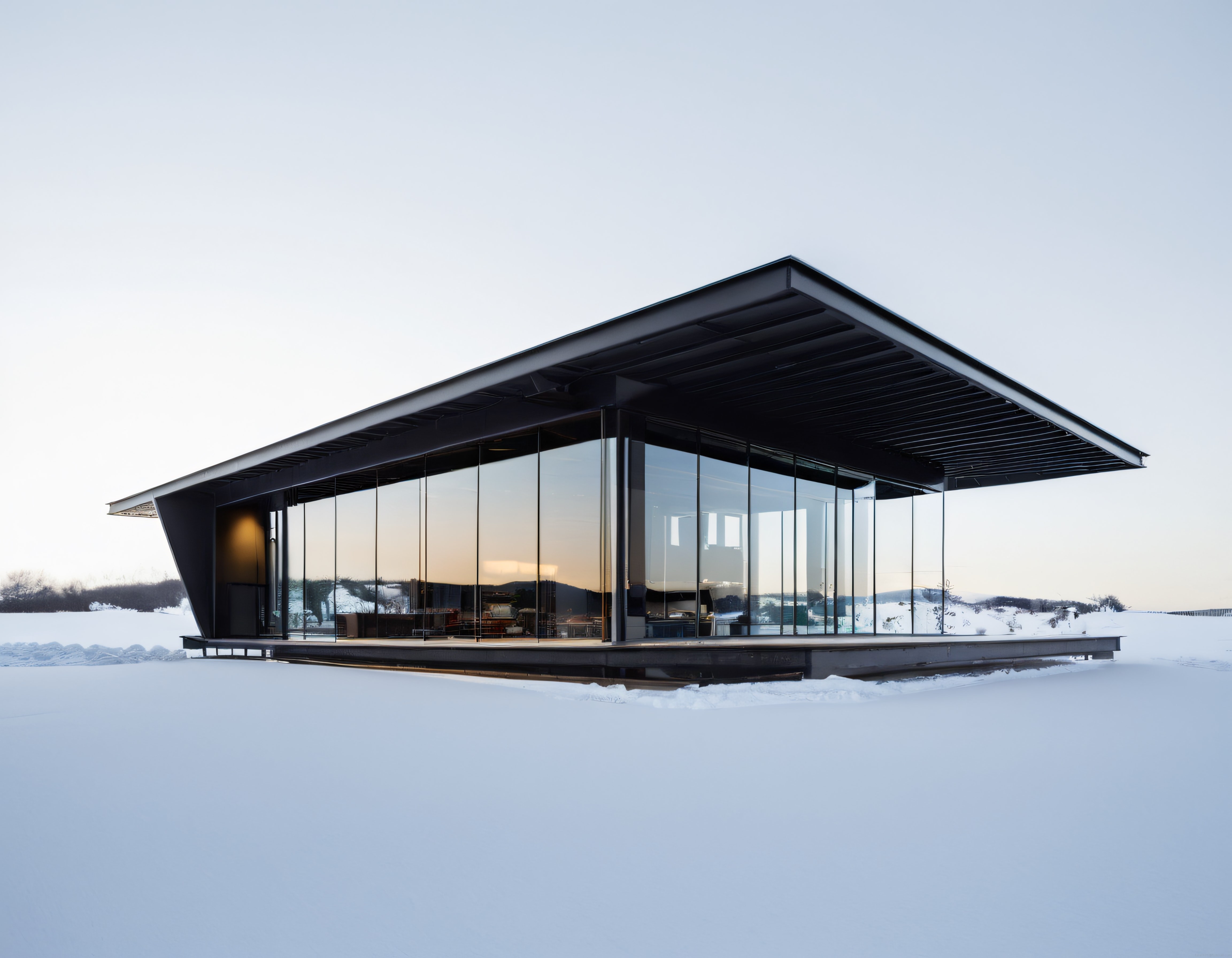 Karlı arazide cam cepheli minimalist modern villa ve kış manzarası