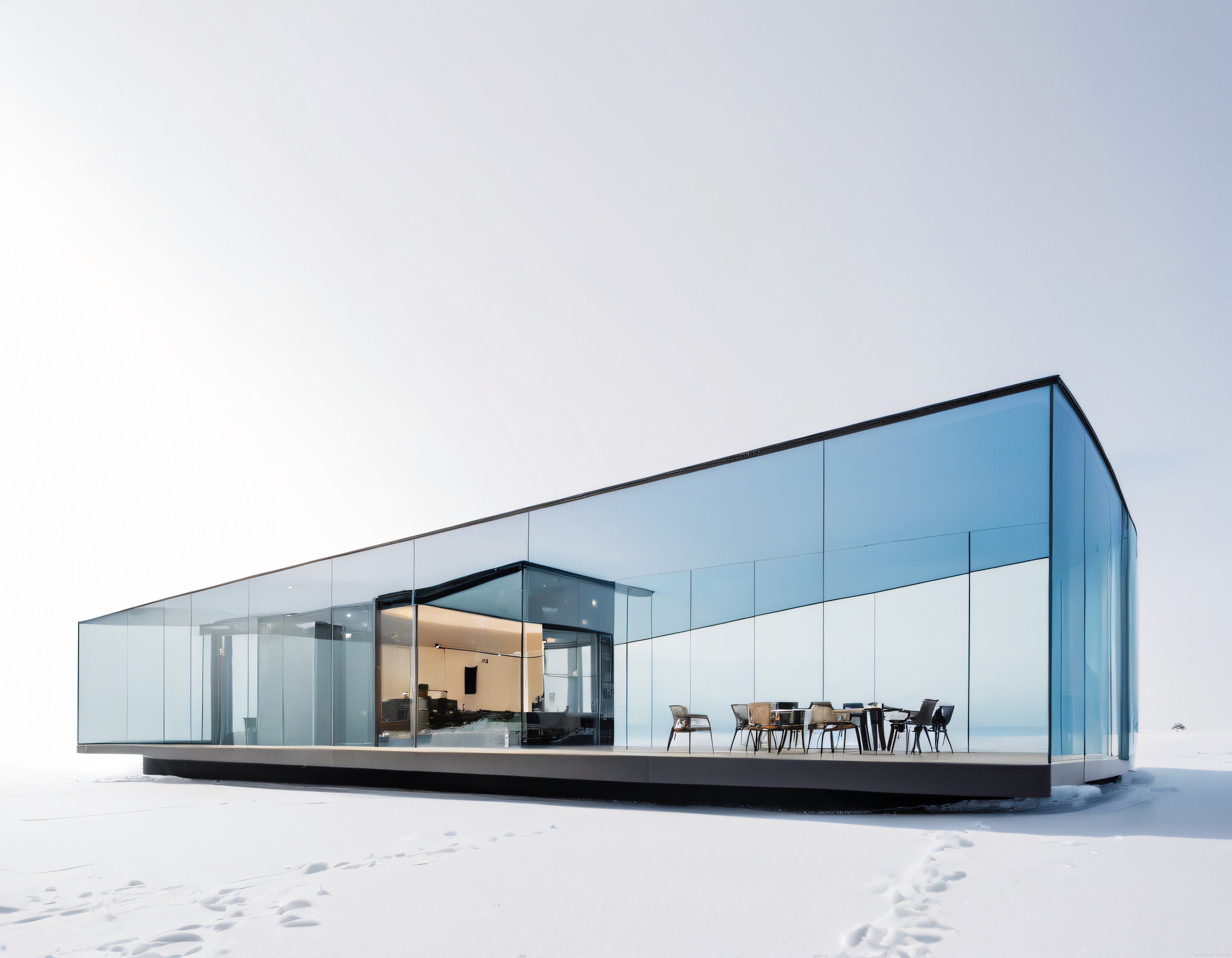 Karlı Arazide Cam Panelli Modern Minimalist Mimari Villa Tasarımı