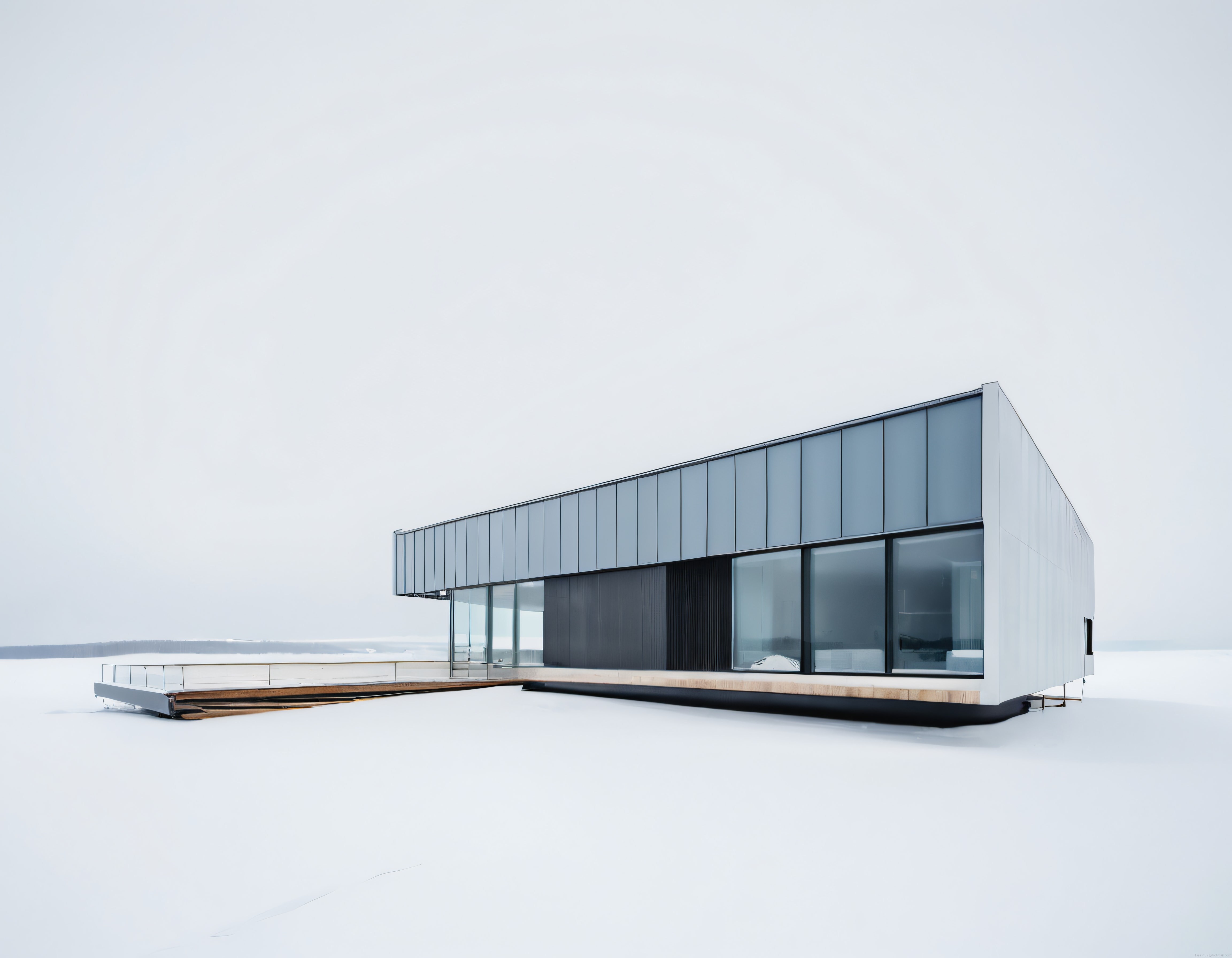 Karlı Arazide Cam ve Çelikten Oluşan Minimalist Modern Ev Tasarımı