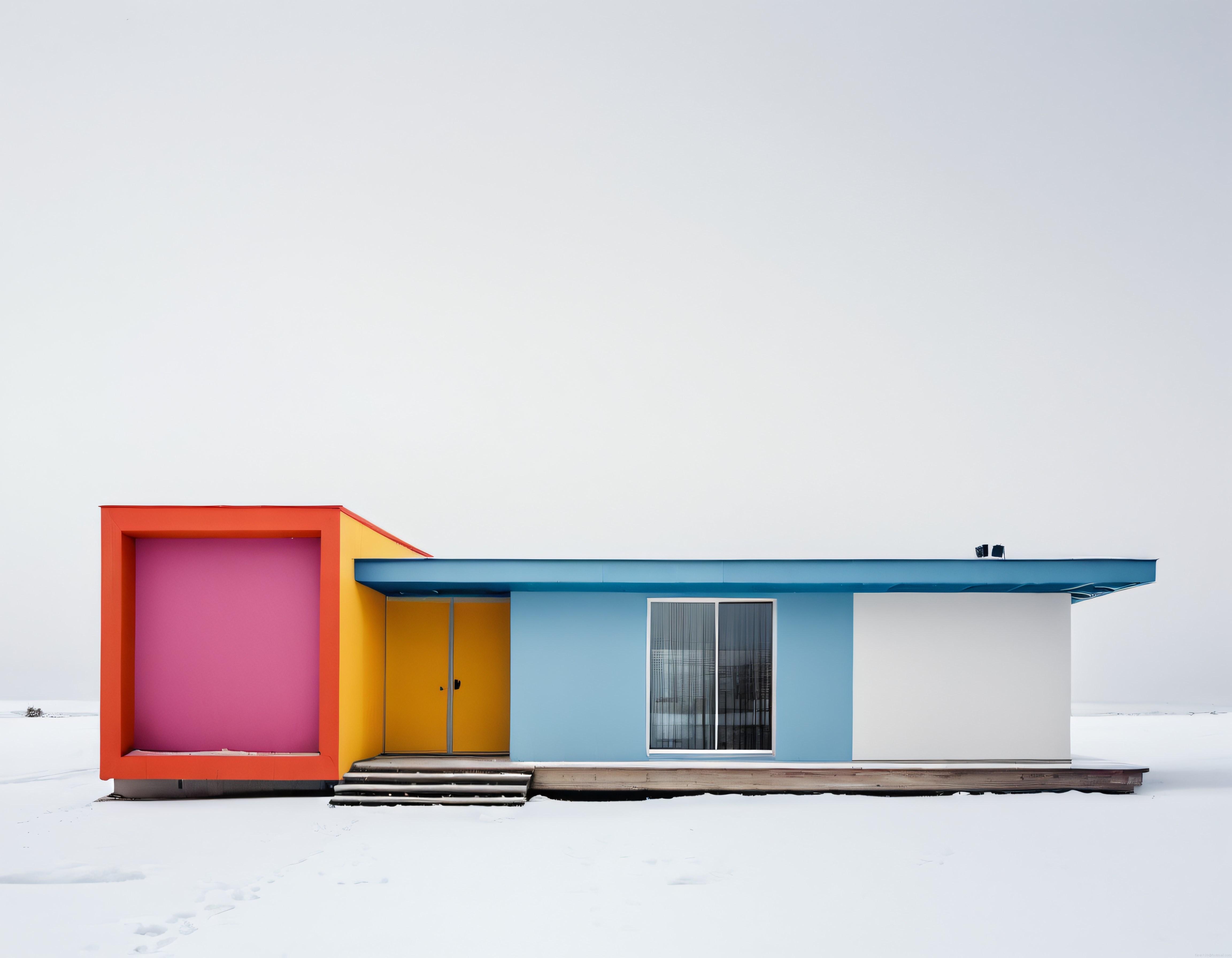 Karlı Arazide Cesur Renklerle Tasarlanmış Modern ve Minimalist Mimari Yapı