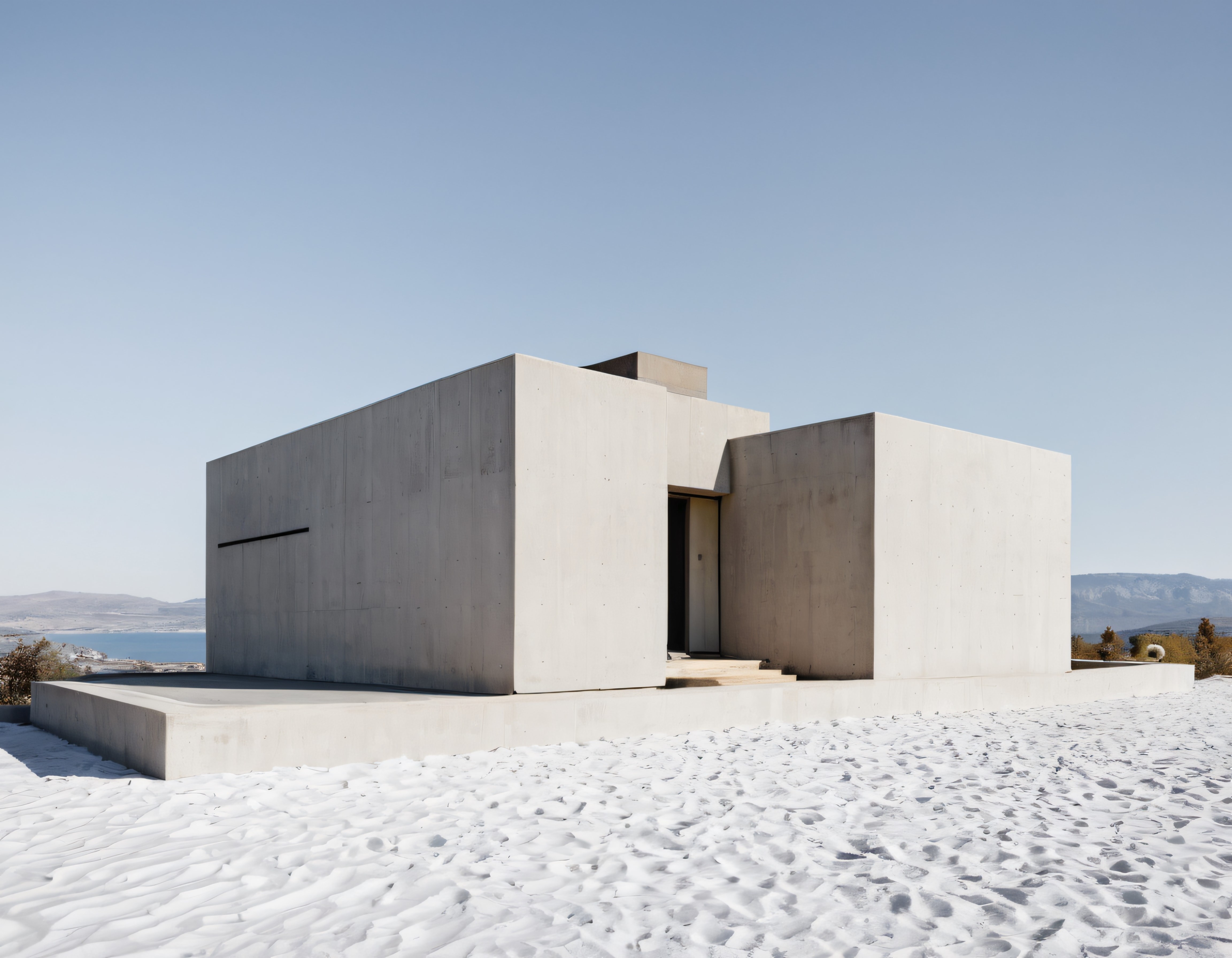Karlı Arazide Göl Manzaralı Minimalist Beton Villa ve Modern Tasarım