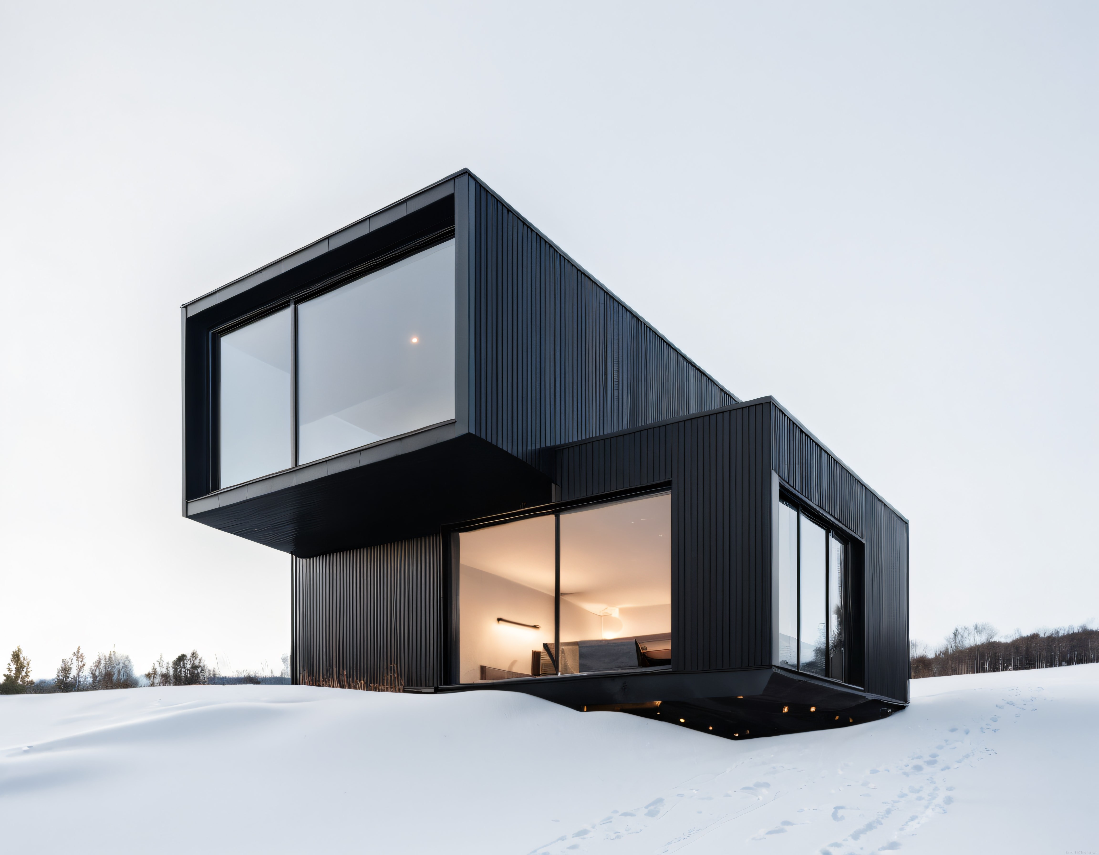 Karlı Arazide Gömülü Siyah Ahşap Kaplamalı Modern ve Minimalist Konteyner Villa