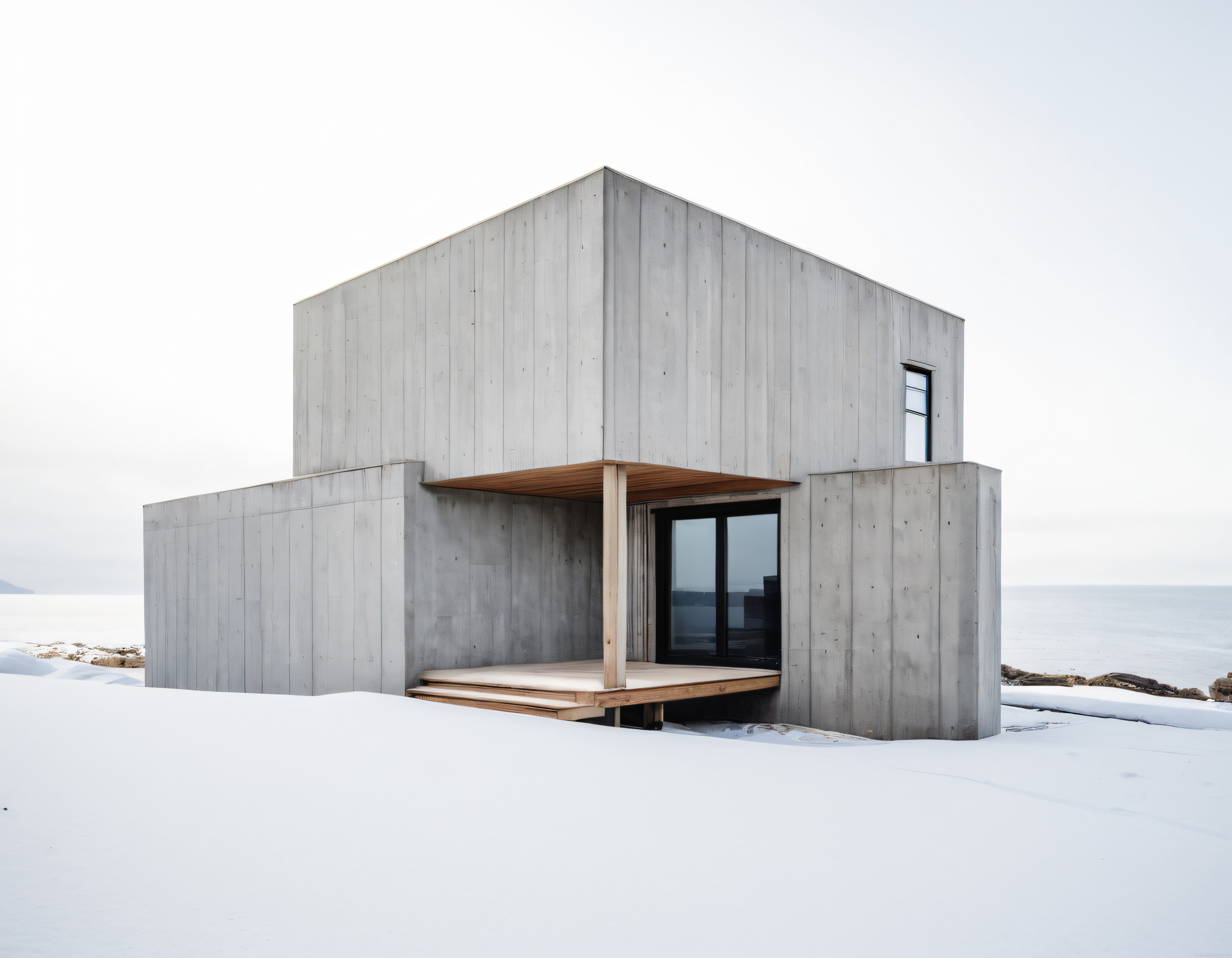 Karlı Arazide Gri Beton ve Ahşap Detaylarla Tasarlanan Minimalist Mimari Yapı